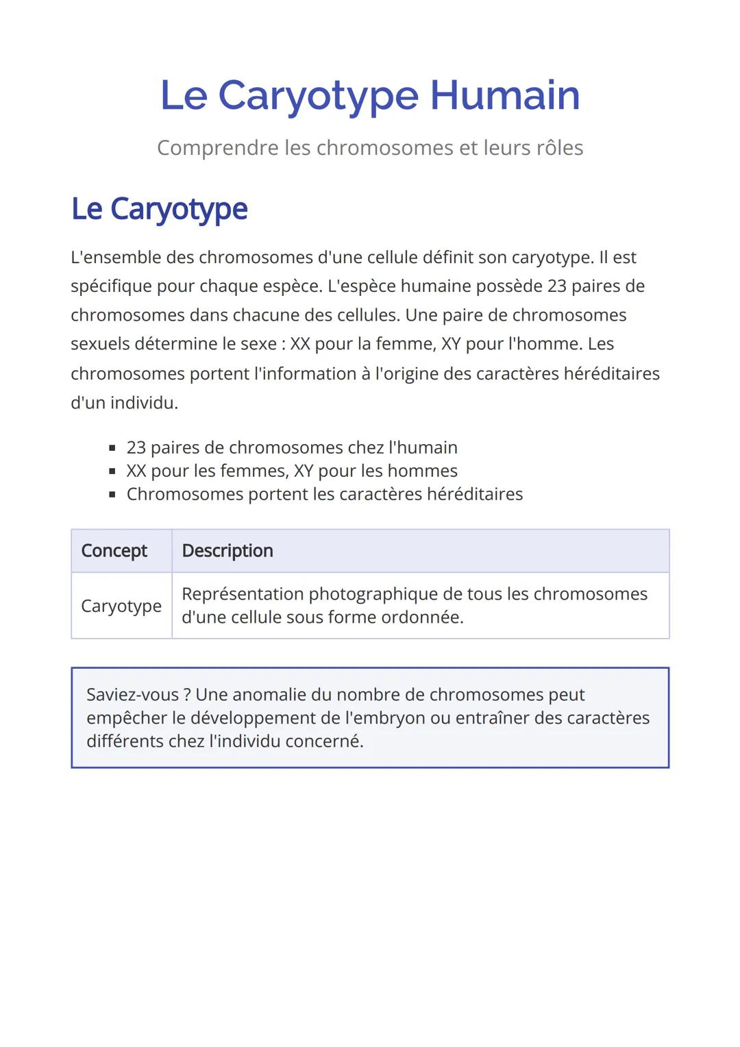 # Le Caryotype Humain
Comprendre les chromosomes et leurs rôles
Le Caryotype
L'ensemble des chromosomes d'une cellule définit son caryoty