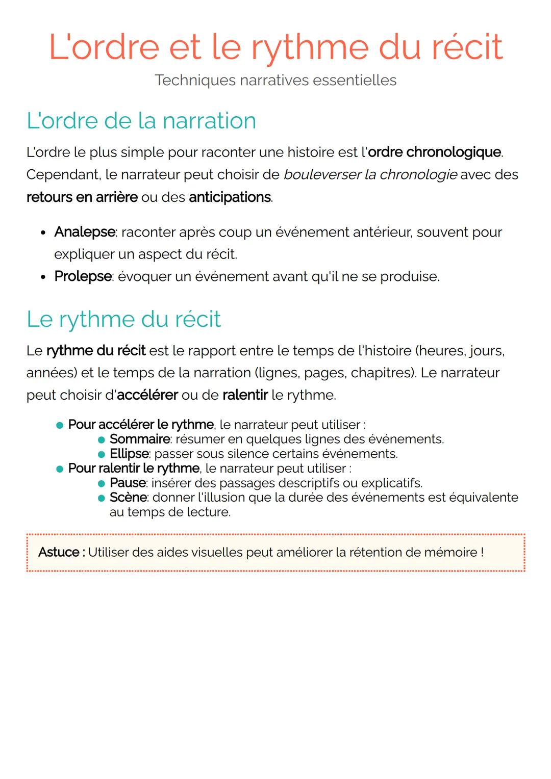 L'ordre et le rythme du récit
Techniques narratives essentielles
L'ordre de la narration
L'ordre le plus simple pour raconter une histoire e