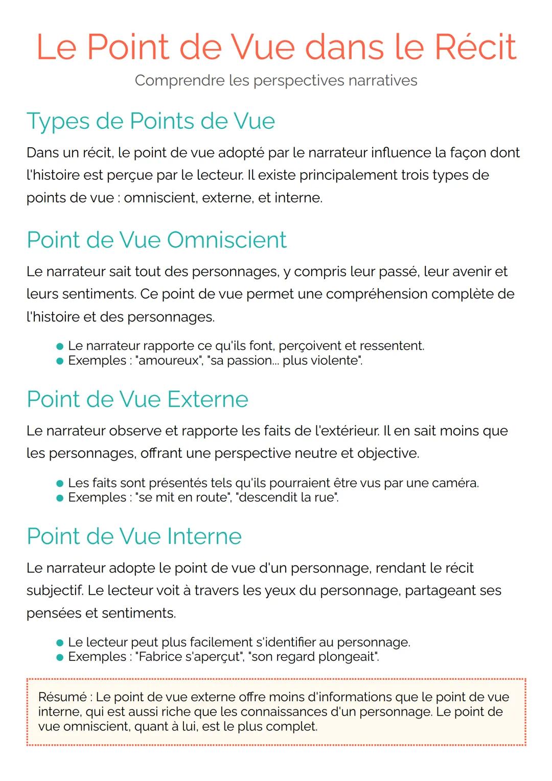 # Le Point de Vue dans le Récit
Comprendre les perspectives narratives
## Types de Points de Vue
Dans un récit, le point de vue adopté pa