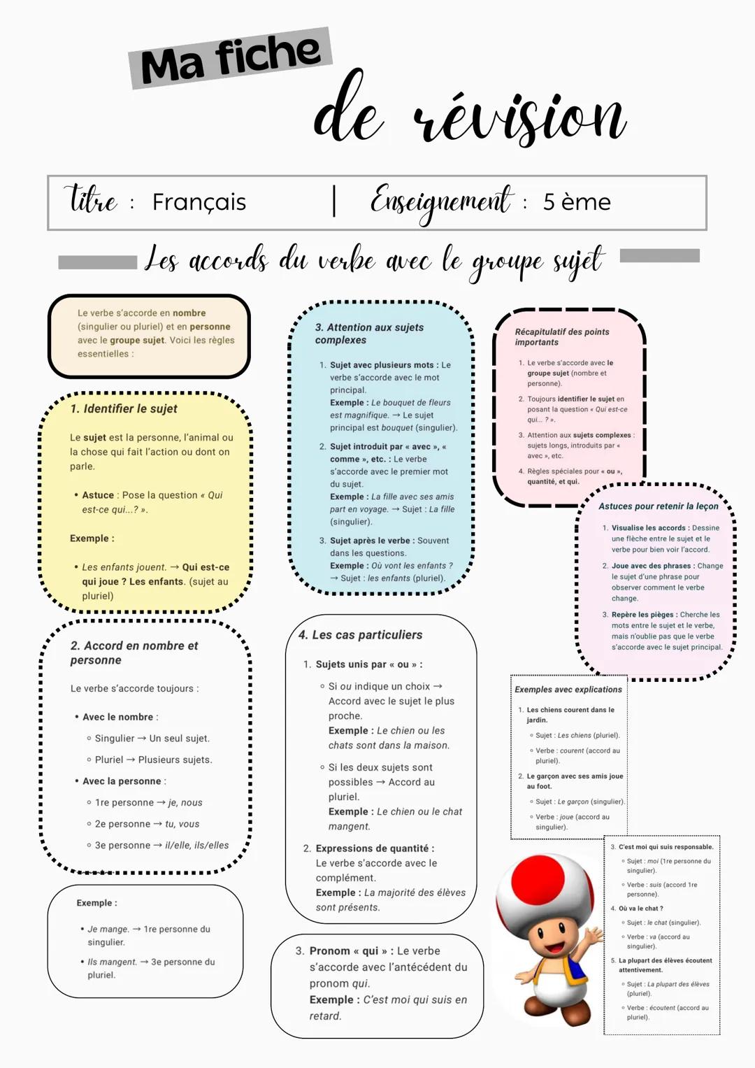 Ma fiche
de révision
:
titre Français
:
|
Enseignement: 5 ème
Les accords du verbe avec le groupe
groupe sujet
Le verbe s'accorde en nombre
