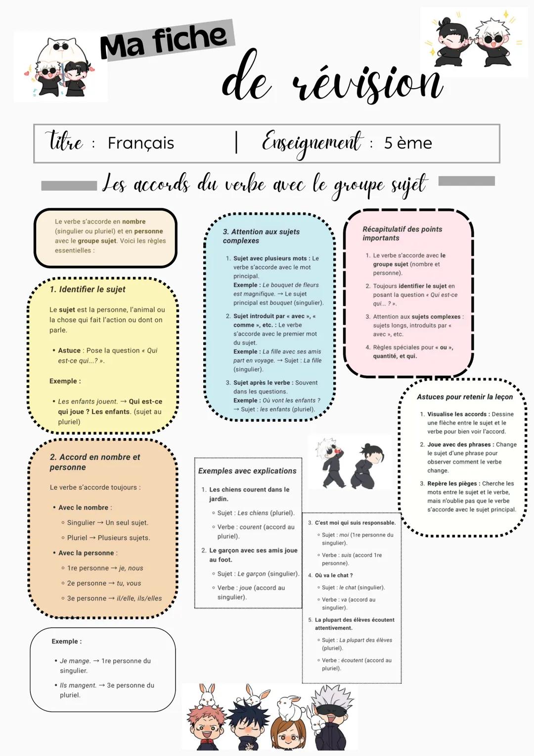 Ma fiche
de révision
:
titre Français
:
|
Enseignement: 5 ème
Les accords du verbe avec le groupe
groupe sujet
Le verbe s'accorde en nombre
