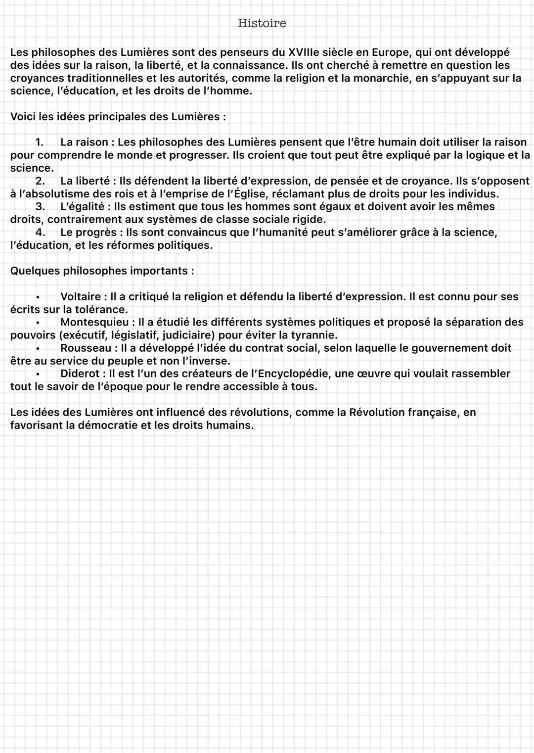 Histoire
Les philosophes des Lumières sont des penseurs du XVIIIe siècle en Europe, qui ont développé
des idées sur la raison, la liberté, e