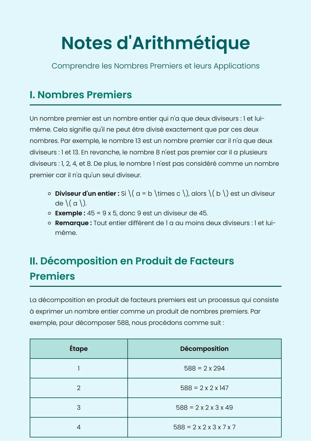 # Notes d'Arithmétique
Comprendre les Nombres Premiers et leurs Applications
I. Nombres Premiers
Un nombre premier est un nombre entier q