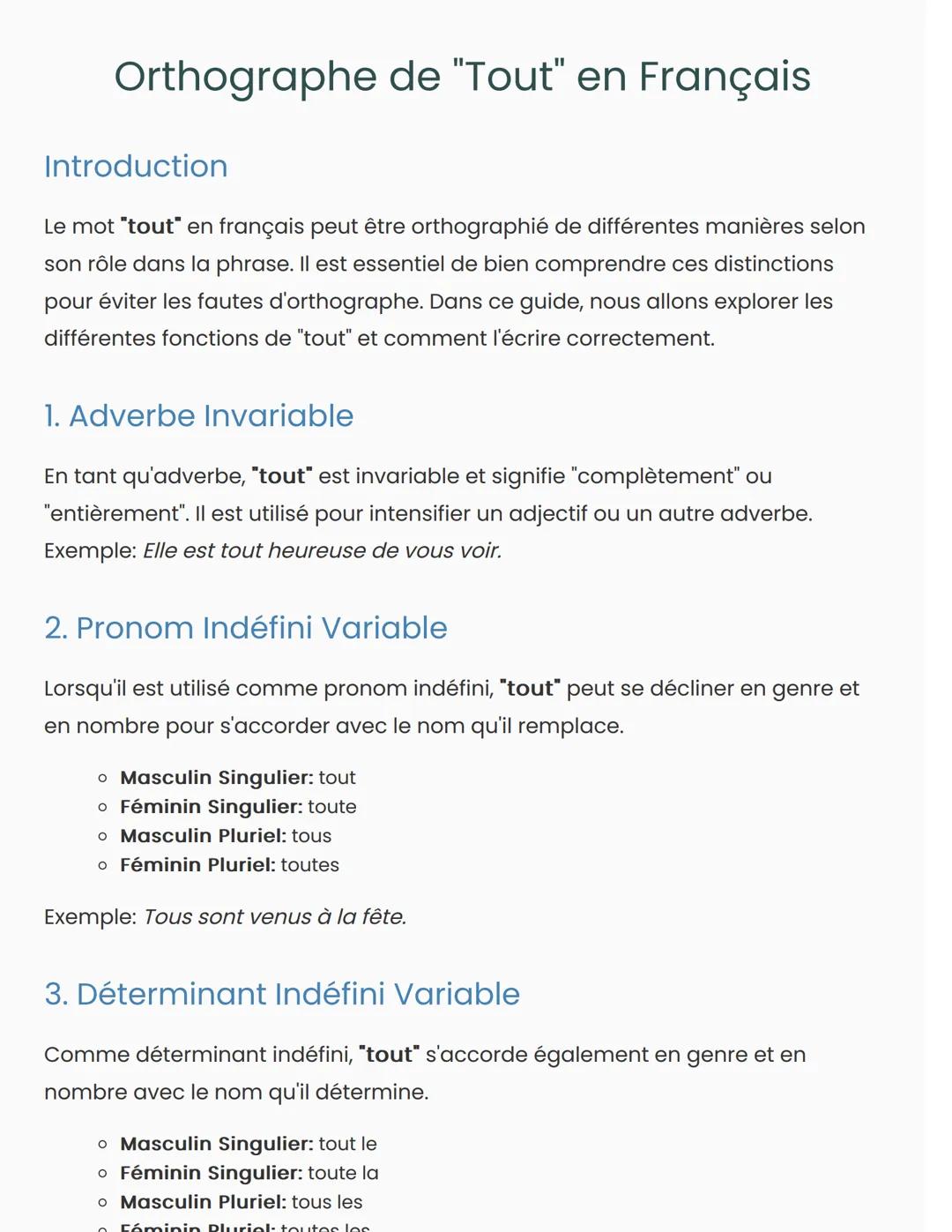 Orthographe de "Tout" en Français
Introduction
Le mot "tout" en français peut être orthographié de différentes manières selon
son rôle dans