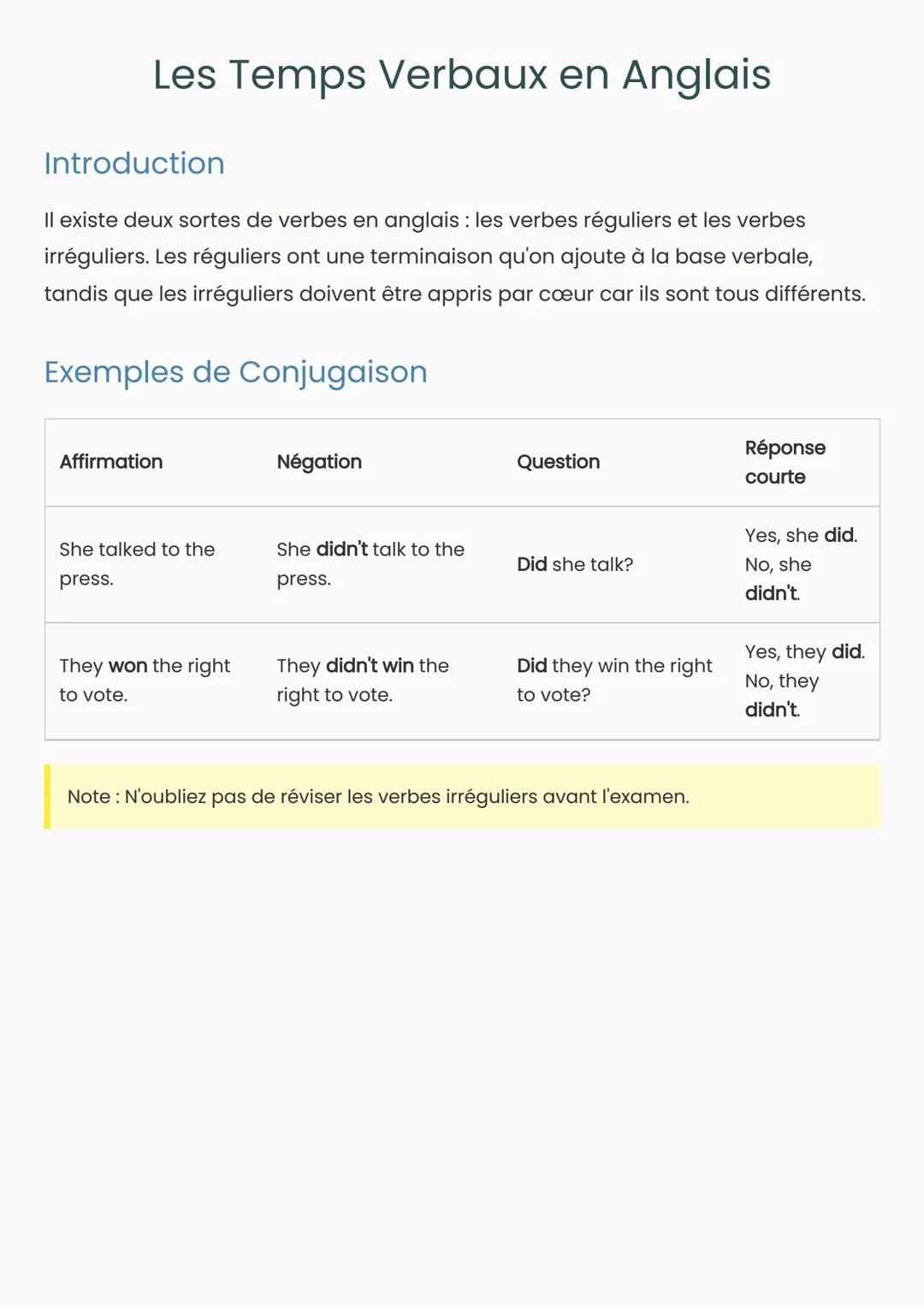 Les Temps Verbaux en Anglais
Introduction
Il existe deux sortes de verbes en anglais : les verbes réguliers et les verbes
irréguliers. Les r