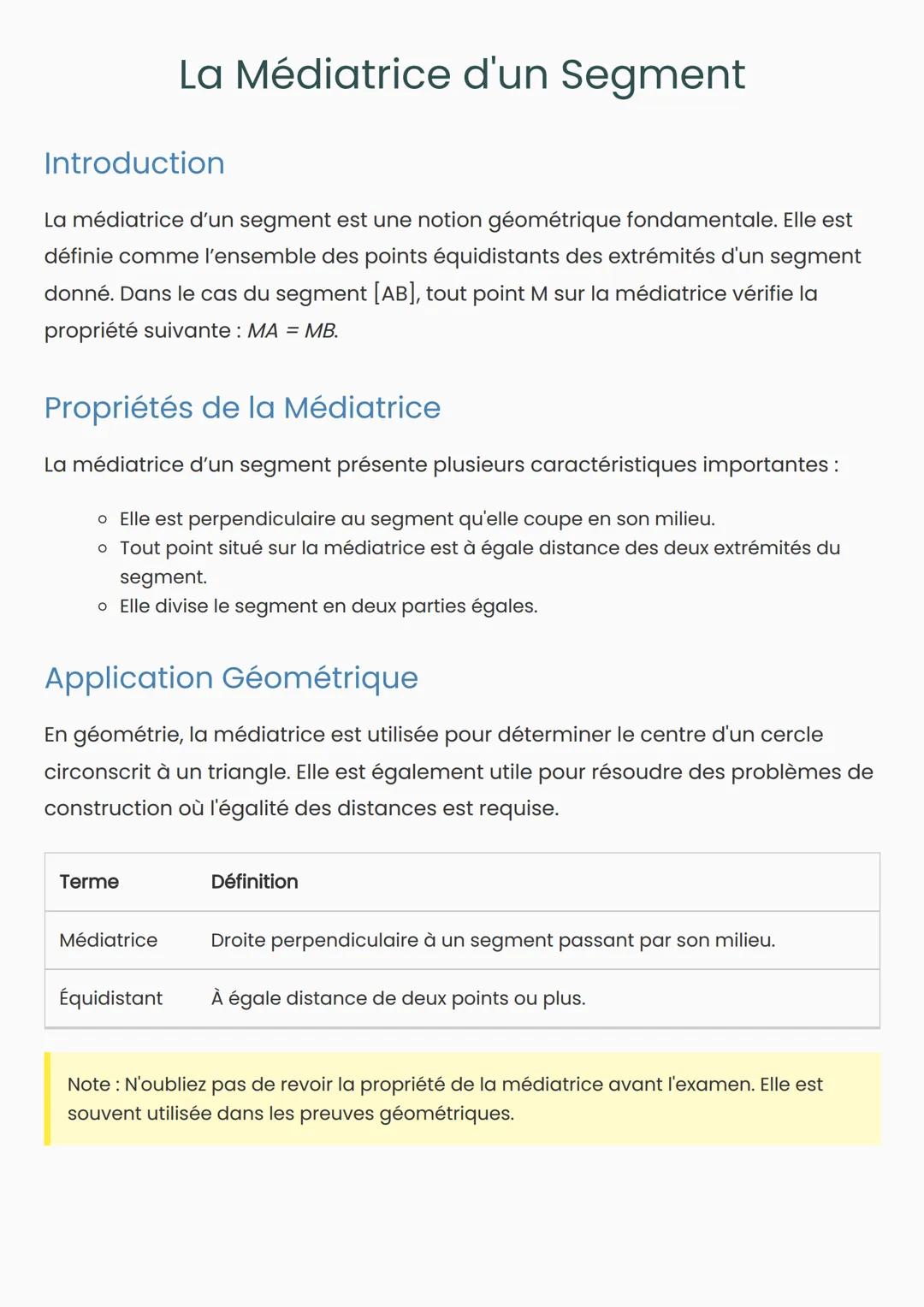 # La Médiatrice d'un Segment
## Introduction
La médiatrice d'un segment est une notion géométrique fondamentale. Elle est
définie comme l'