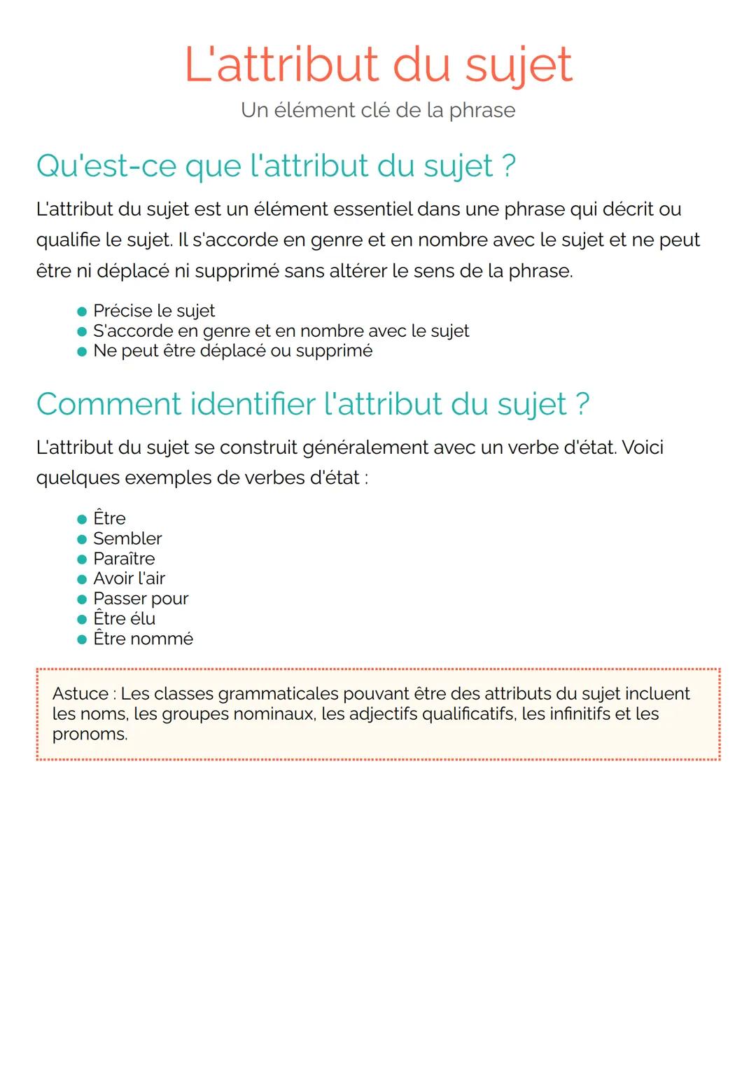 L'attribut du sujet
Un élément clé de la phrase
Qu'est-ce que l'attribut du sujet ?
L'attribut du sujet est un élément essentiel dans une ph