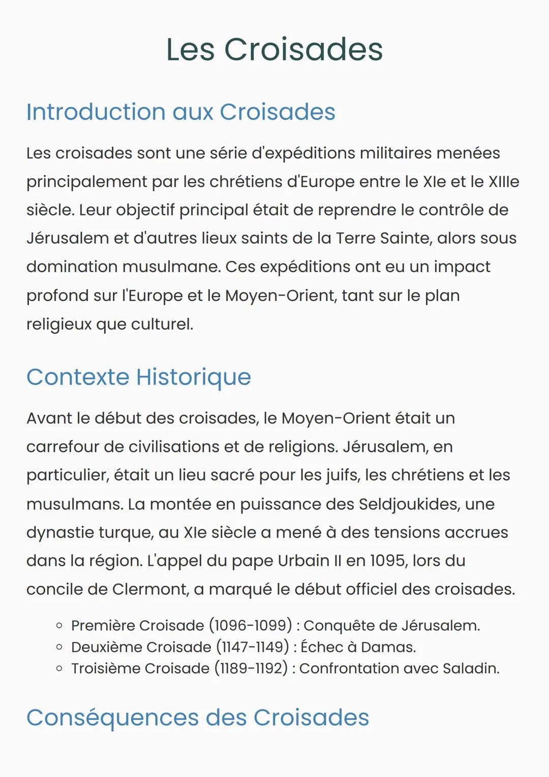 # Les Croisades
## Introduction aux Croisades
Les croisades sont une série d'expéditions militaires menées
principalement par les chrétien