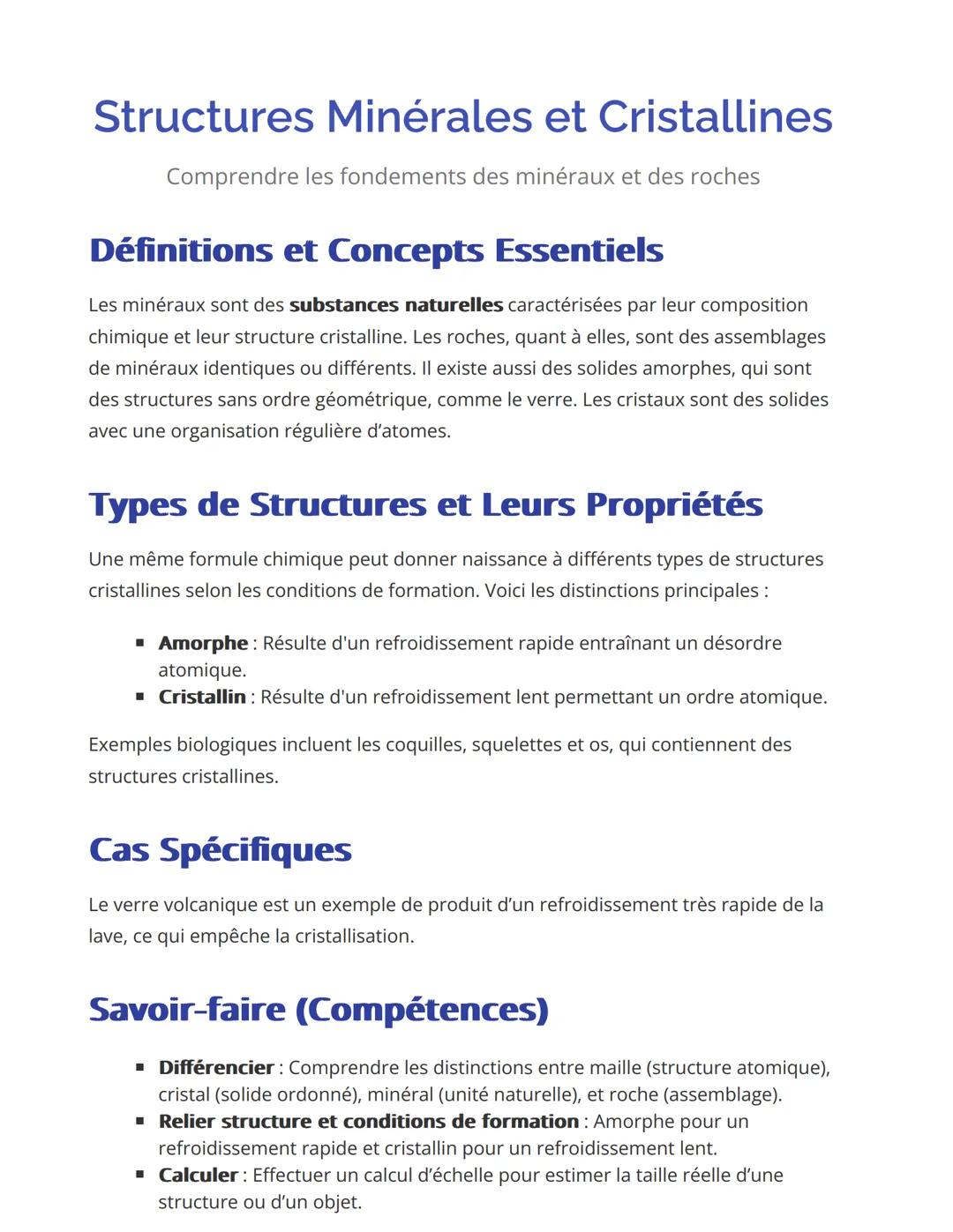 # Structures Minérales et Cristallines
Comprendre les fondements des minéraux et des roches
## Définitions et Concepts Essentiels
Les min