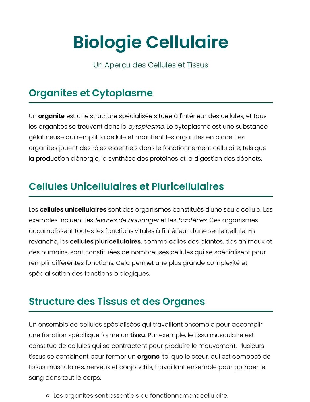 Biologie Cellulaire: Un Aperçu des Cellules et Tissus