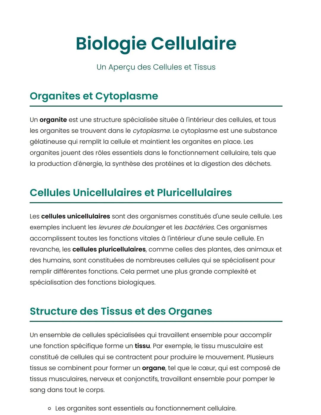 Biologie Cellulaire
Un Aperçu des Cellules et Tissus
Organites et Cytoplasme
Un organite est une structure spécialisée située à l'intérieur