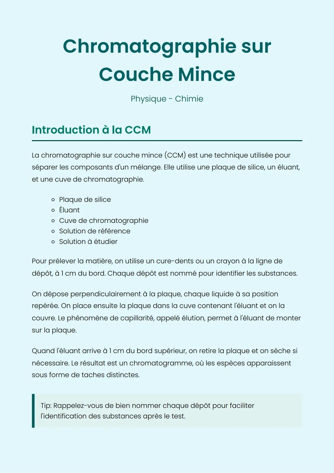 Chromatographie sur
Couche Mince
Physique Chimie
Introduction à la CCM
La chromatographie sur couche mince (CCM) est une technique utilisée
