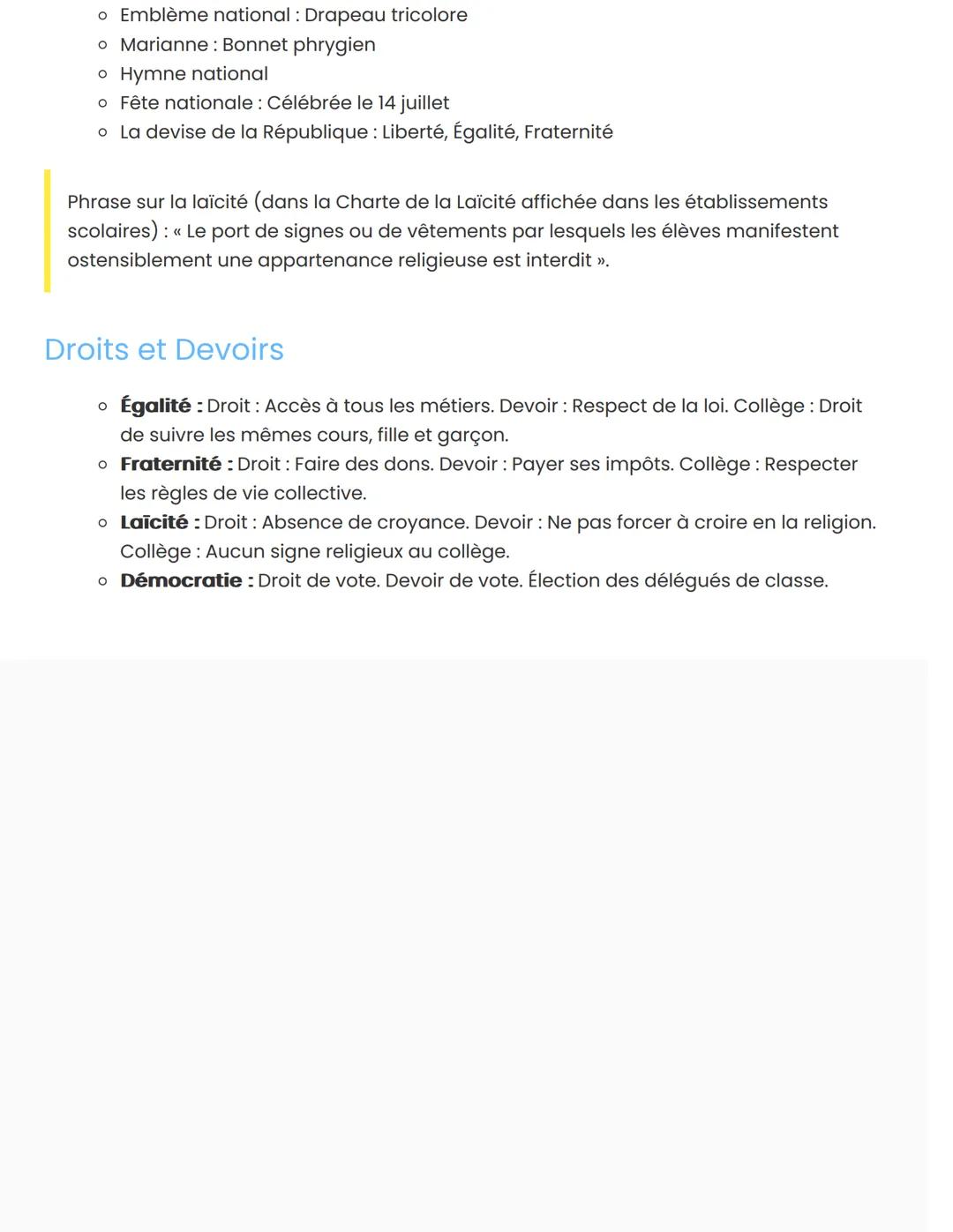 # Les Valeurs et Principes de la République
Française
## Définition et Concepts Clés
La République Française repose sur plusieurs valeurs