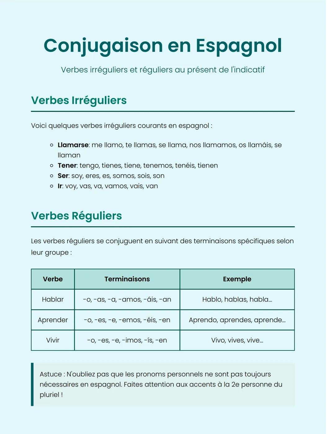 # Conjugaison en Espagnol
Verbes irréguliers et réguliers au présent de l'indicatif
## Verbes Irréguliers
Voici quelques verbes irrégulie