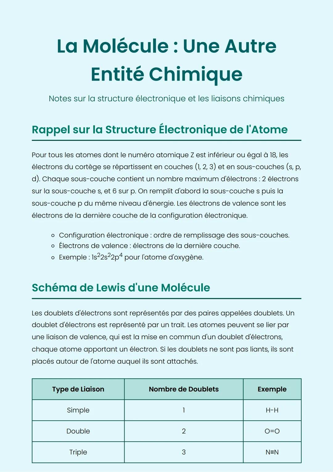 # La Molécule : Une Autre
# Entité Chimique
Notes sur la structure électronique et les liaisons chimiques
## Rappel sur la Structure Élect