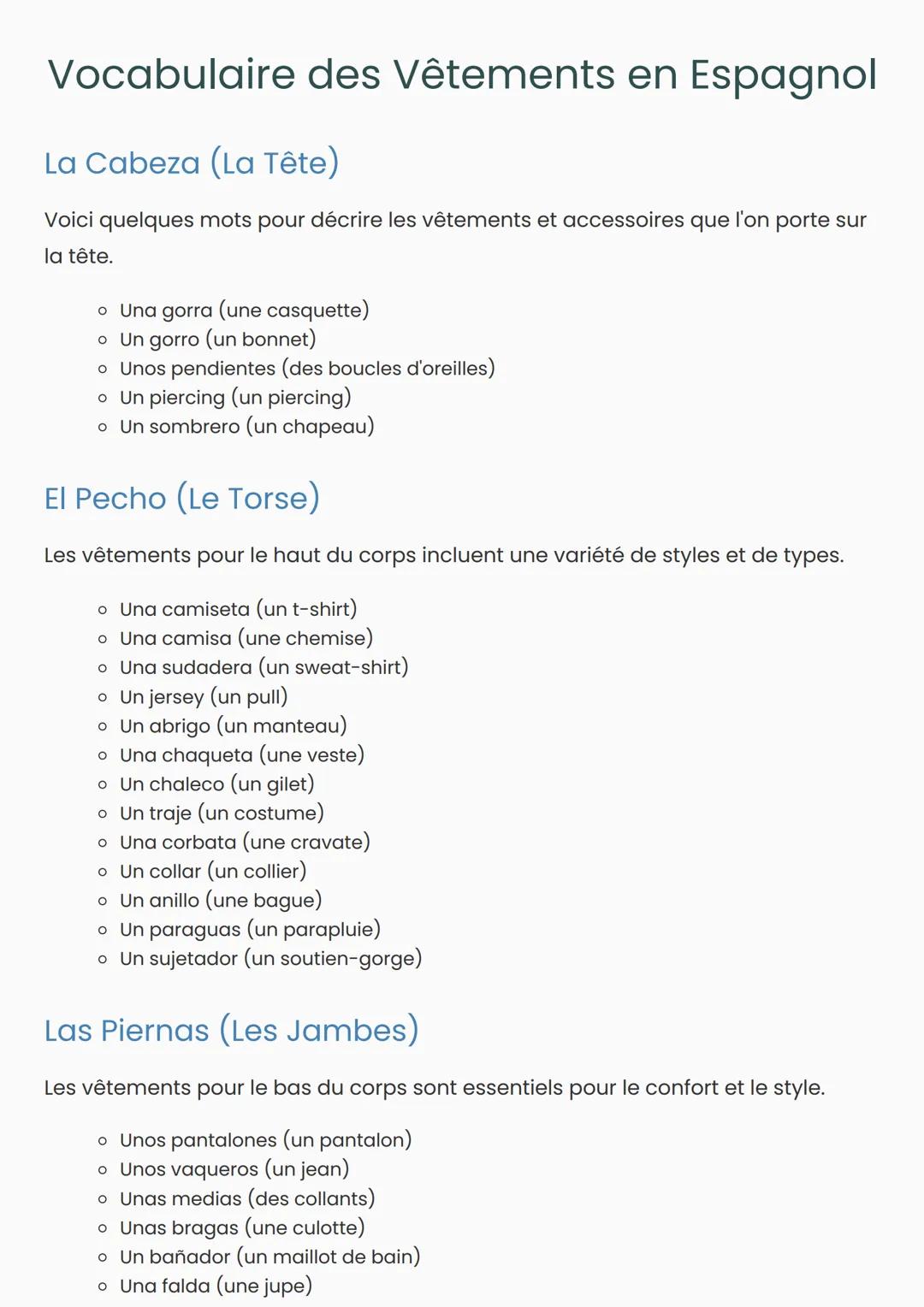 Vocabulaire des Vêtements en Espagnol