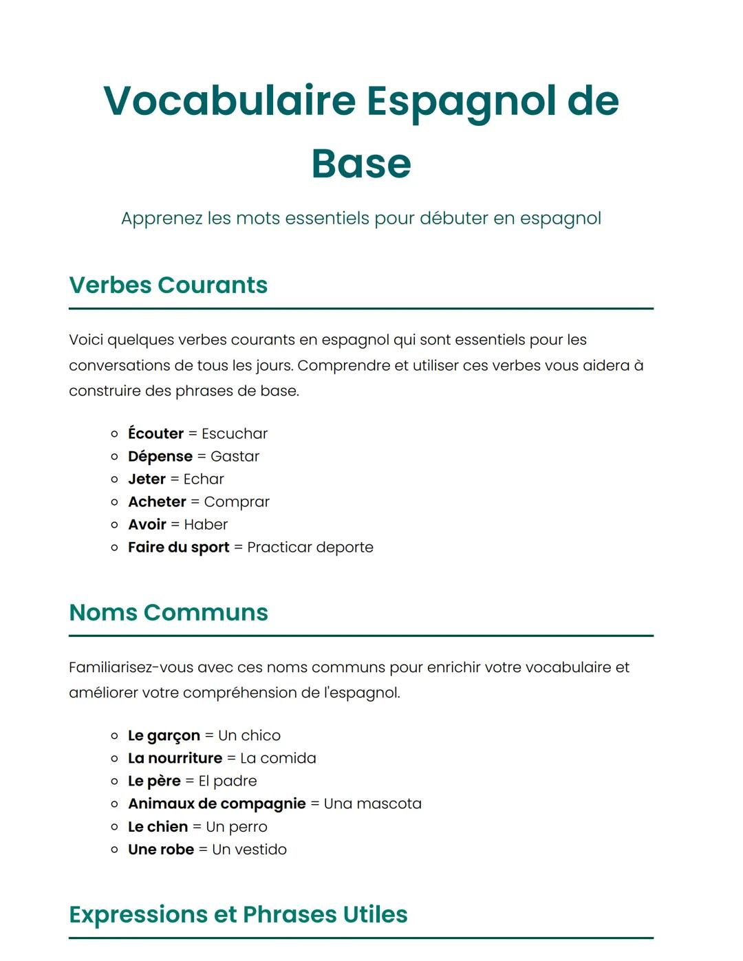 Vocabulaire Espagnol de Base