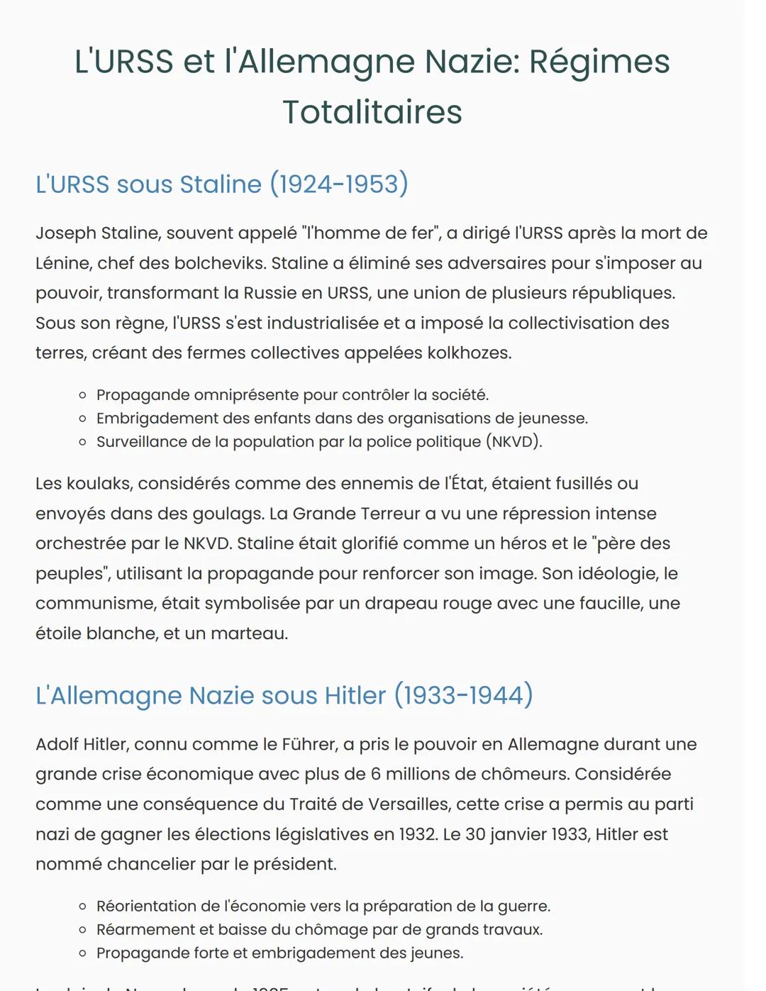 # L'URSS et l'Allemagne Nazie: Régimes
Totalitaires
L'URSS sous Staline (1924-1953)
Joseph Staline, souvent appelé "l'homme de fer", a dir