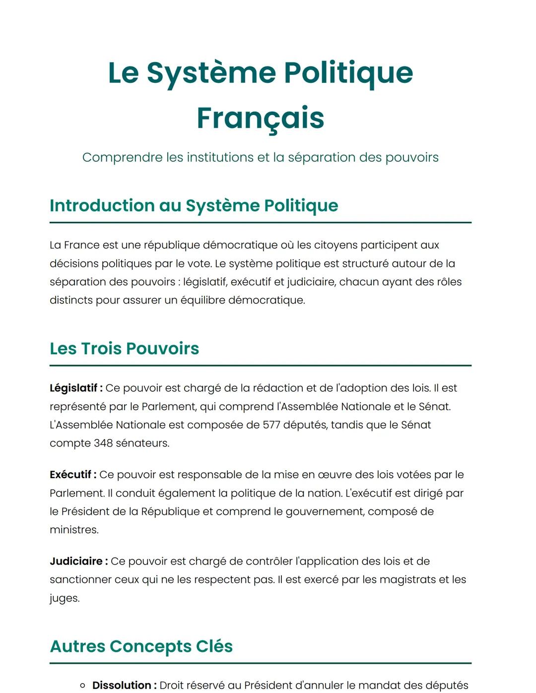 Le Système Politique
Français
Comprendre les institutions et la séparation des pouvoirs
Introduction au Système Politique
La France est une