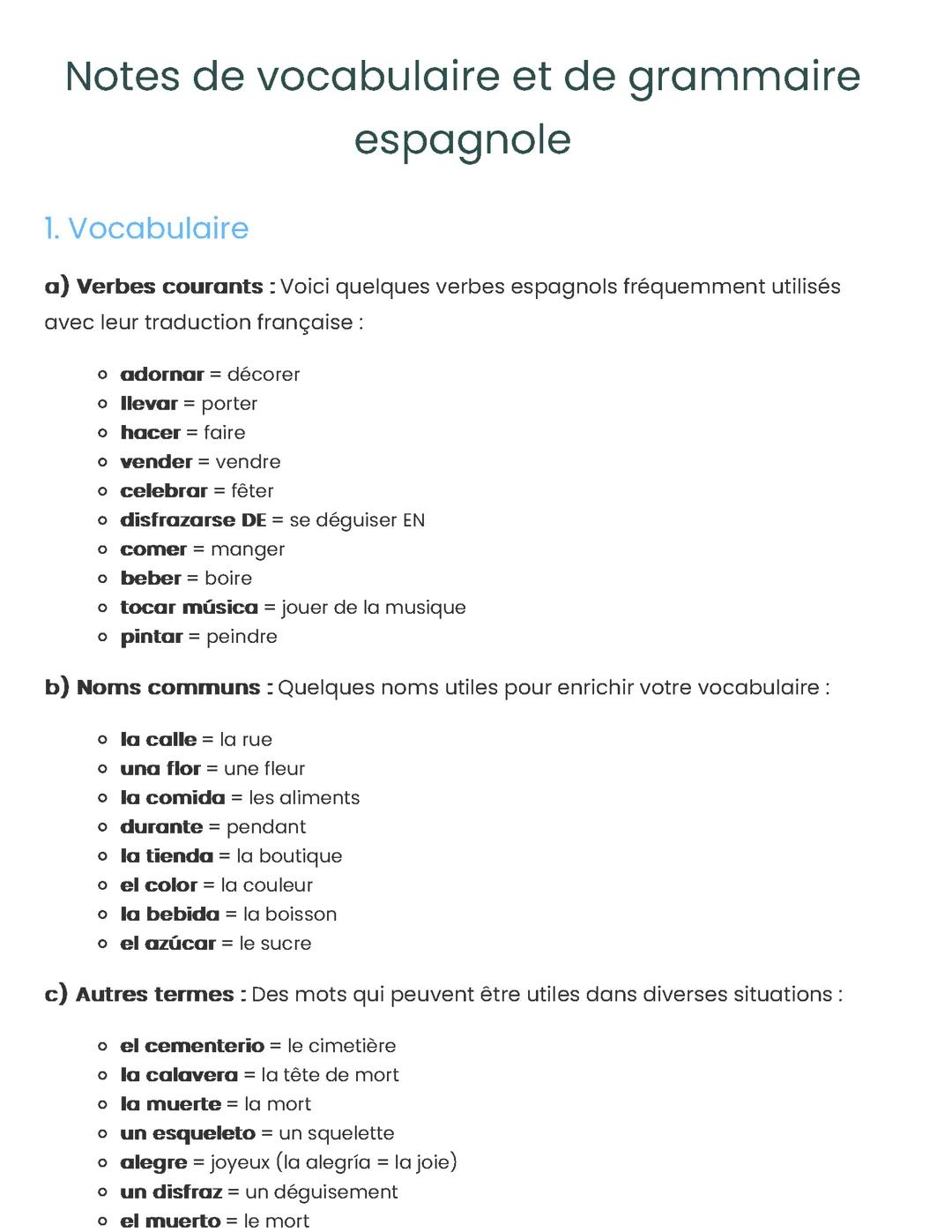 Notes de vocabulaire et de grammaire espagnole