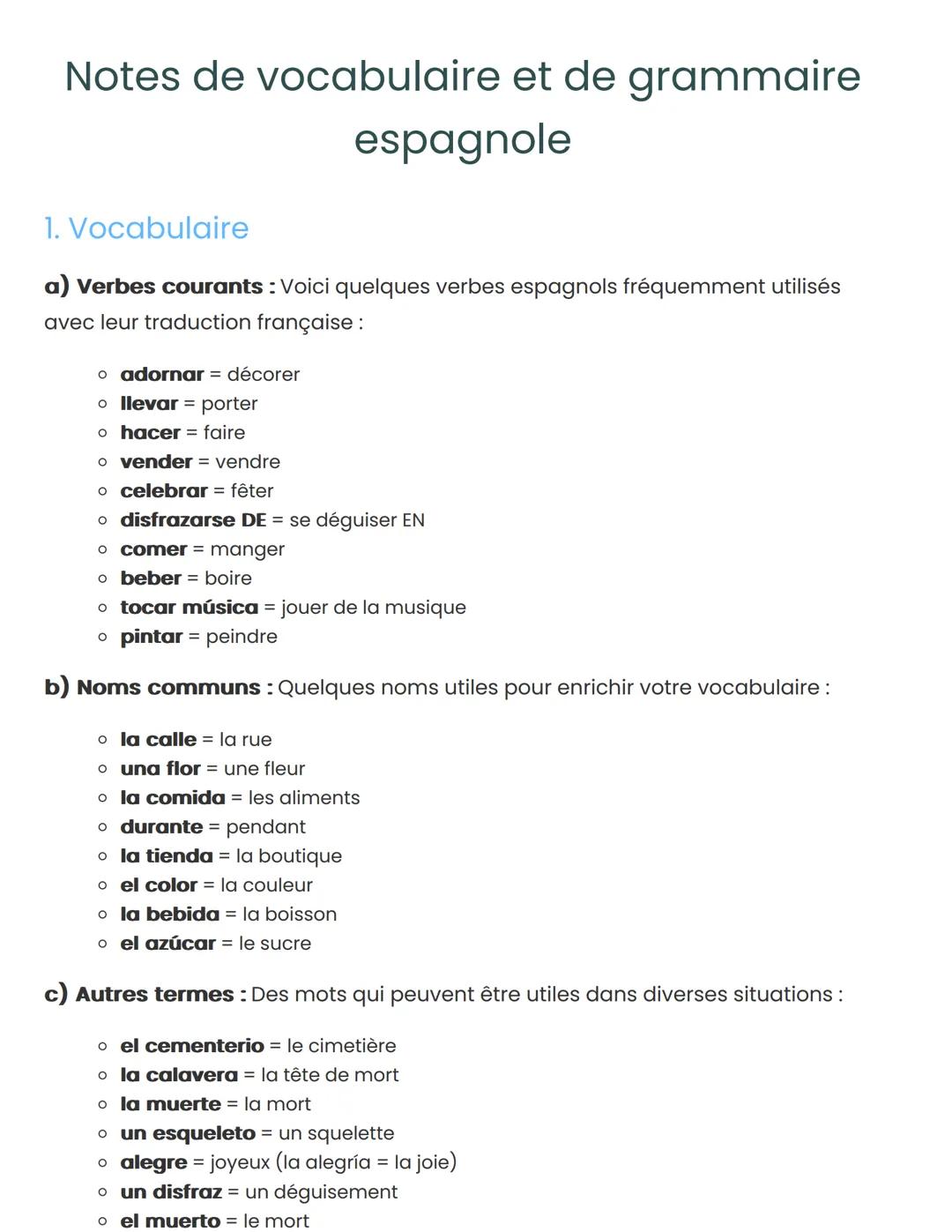 Notes de vocabulaire et de grammaire
espagnole
1. Vocabulaire
a) Verbes courants : Voici quelques verbes espagnols fréquemment utilisés
avec