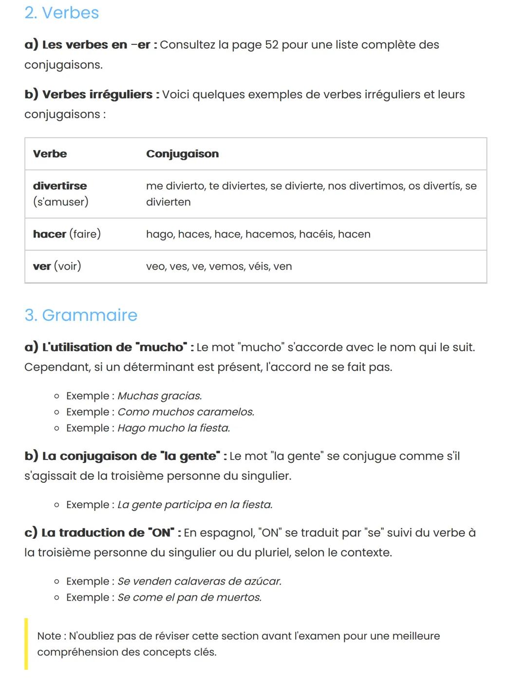 Notes de vocabulaire et de grammaire
espagnole
1. Vocabulaire
a) Verbes courants : Voici quelques verbes espagnols fréquemment utilisés
avec