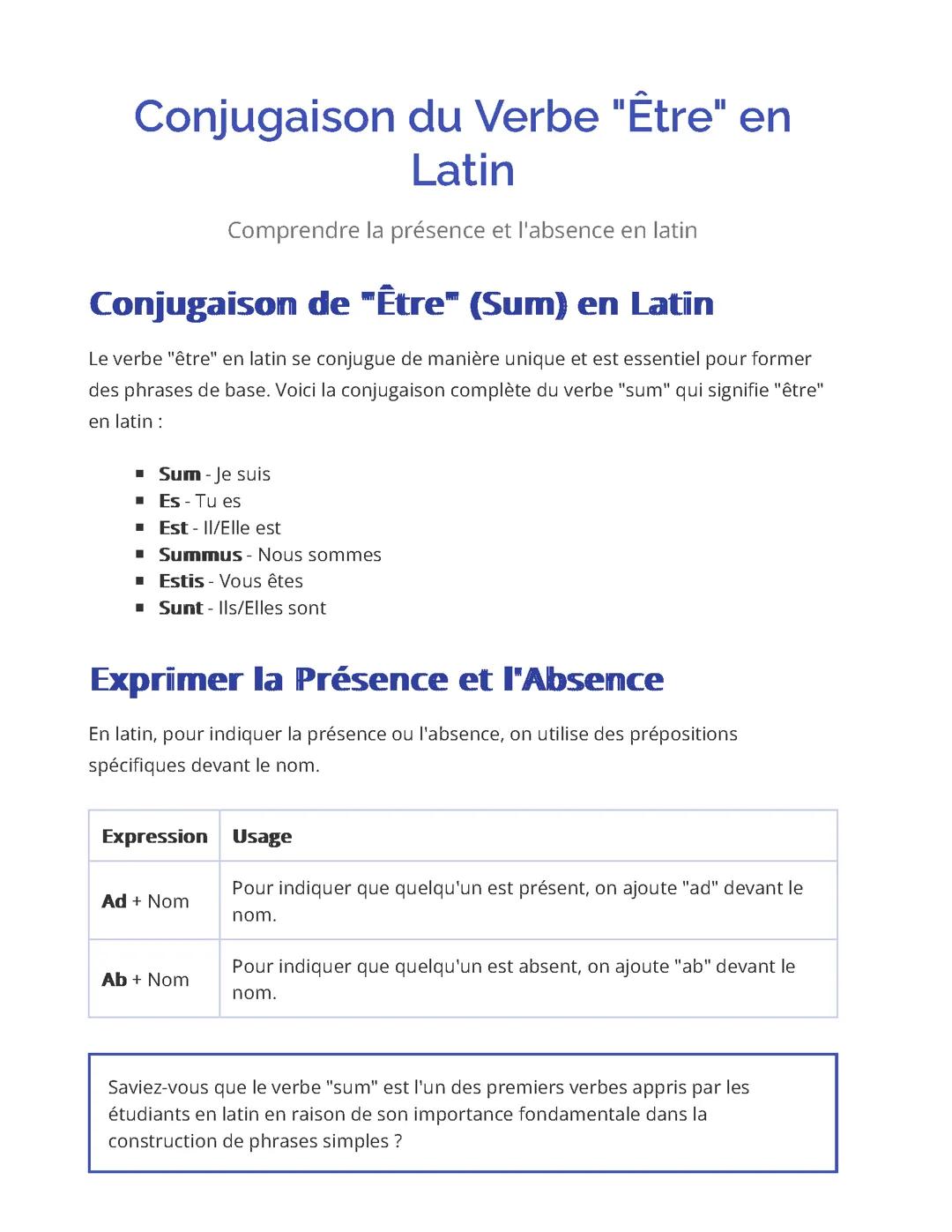 Conjugaison du Verbe "Être" en Latin
