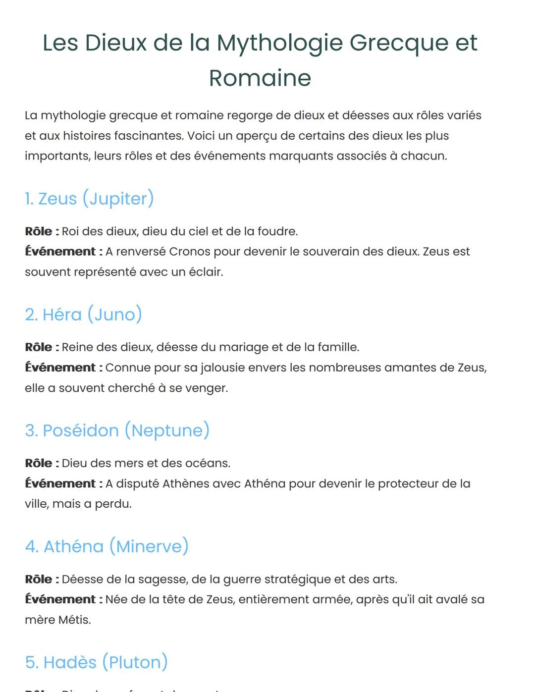 # Les Dieux de la Mythologie Grecque et
# Romaine
La mythologie grecque et romaine regorge de dieux et déesses aux rôles variés
et aux hist