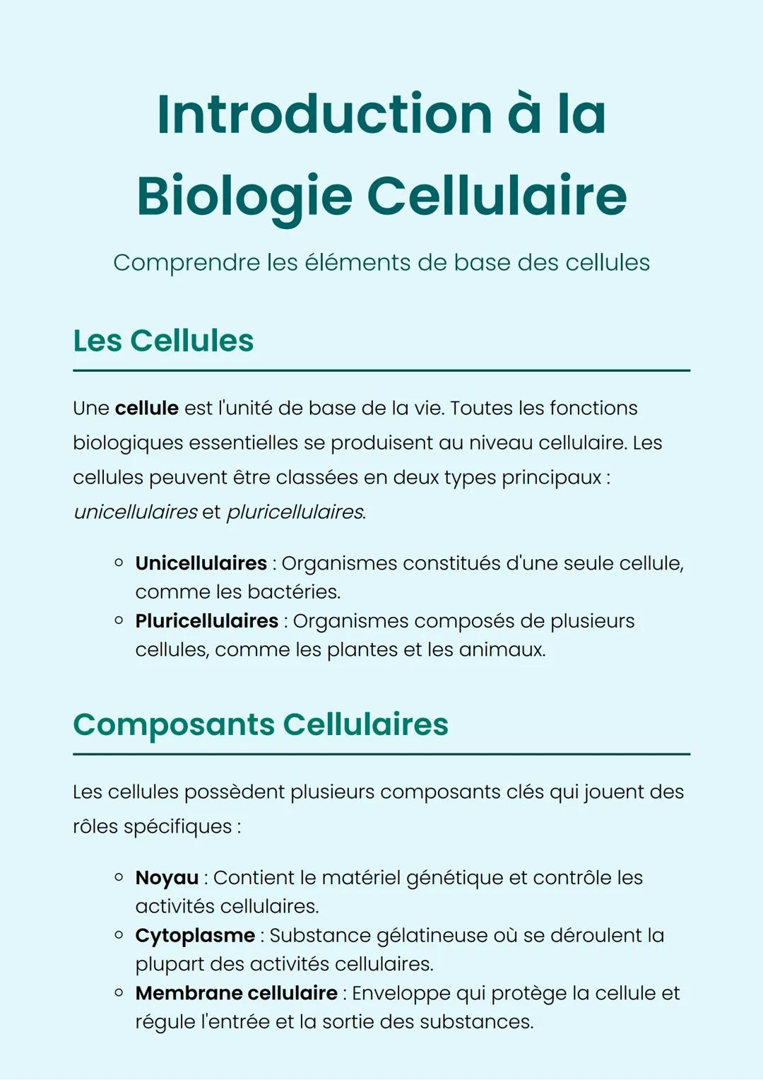 Introduction à la
Biologie Cellulaire
Comprendre les éléments de base des cellules
Les Cellules
Une cellule est l'unité de base de la vie. T
