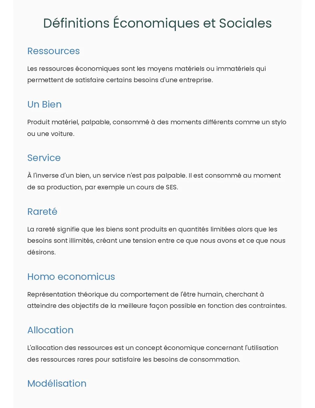 Définitions Économiques et Sociales