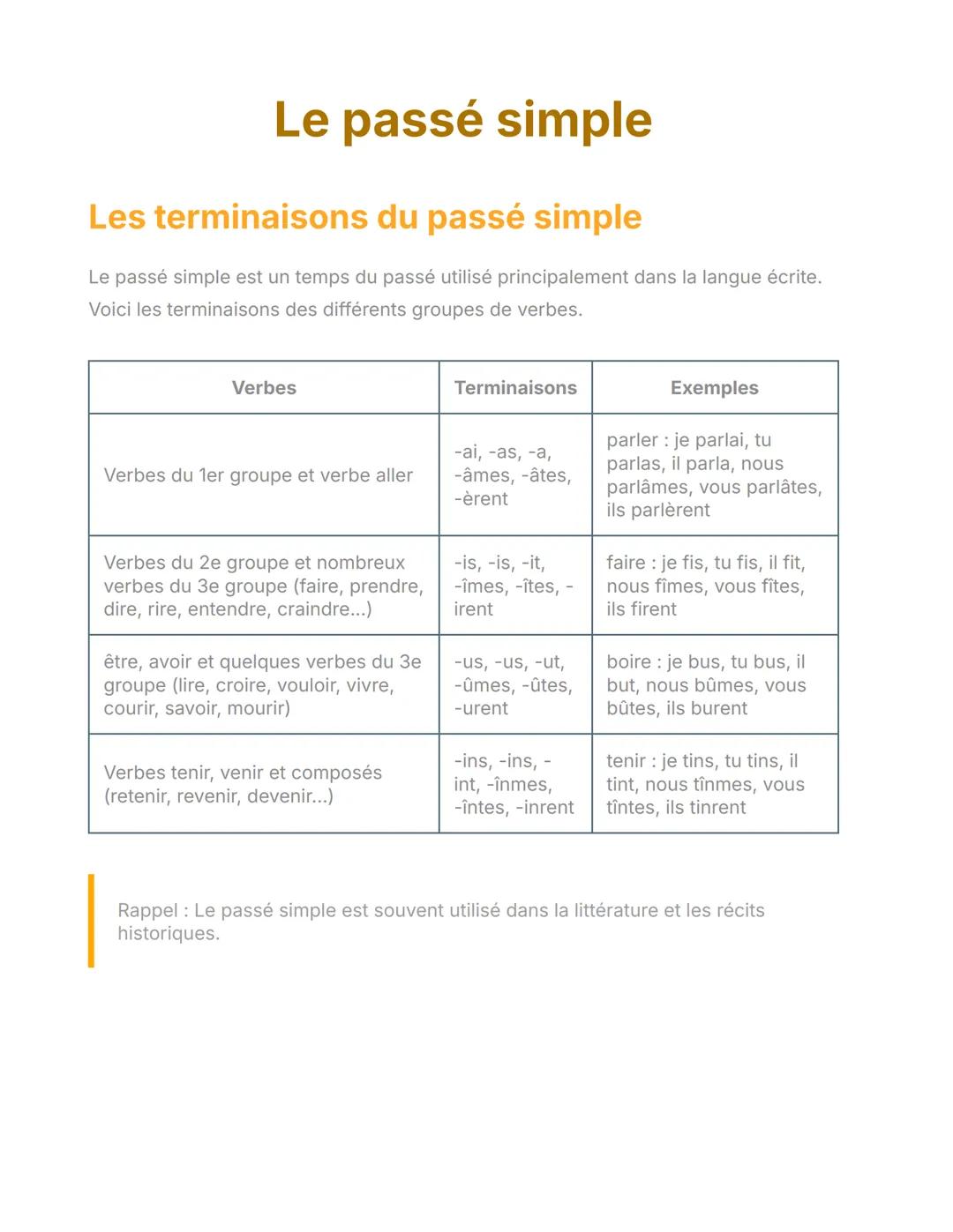 Le passé simple
Les terminaisons du passé simple
Le passé simple est un temps du passé utilisé principalement dans la langue écrite.
Voici l