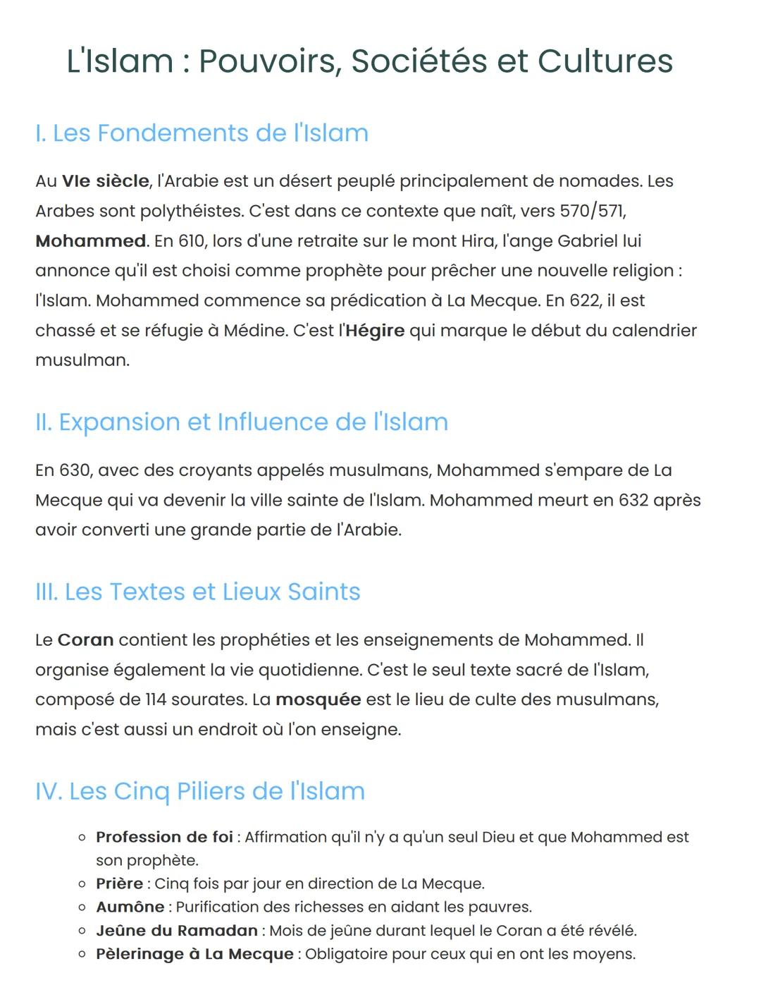 L'Islam: Pouvoirs, Sociétés et Cultures
I. Les Fondements de l'Islam
Au Vle siècle, l'Arabie est un désert peuplé principalement de nomades.