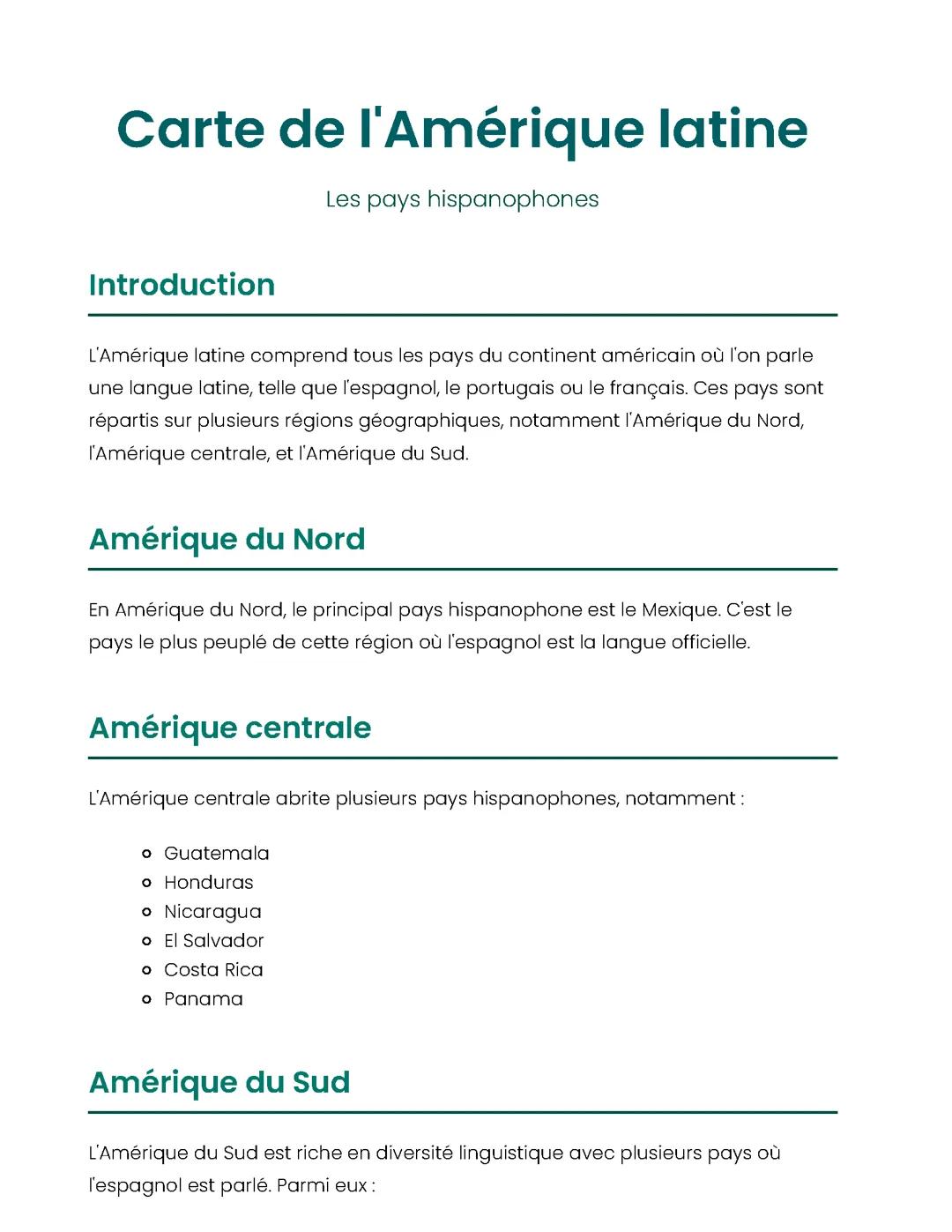 Carte de l'Amérique latine et pays hispanophones