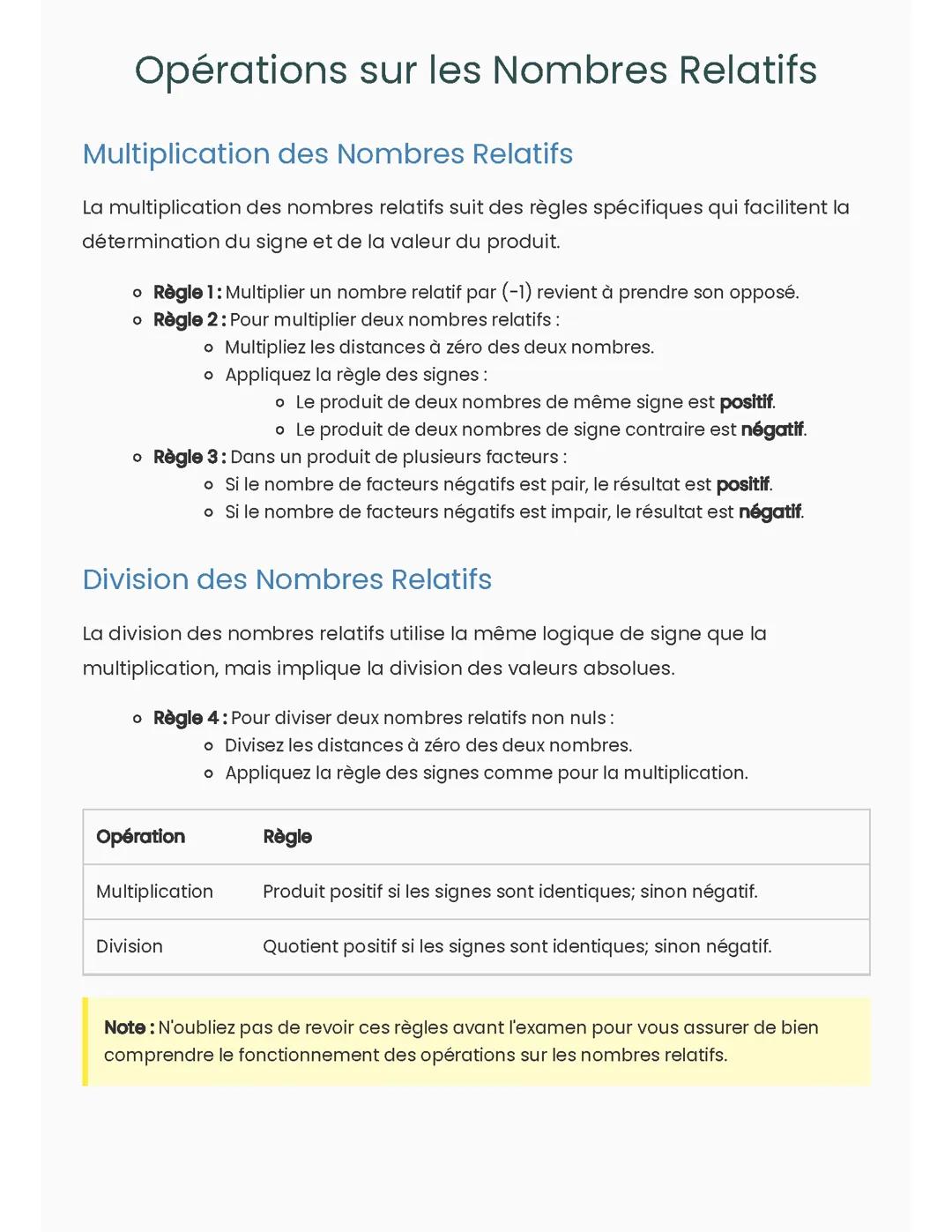 Opérations sur les Nombres Relatifs