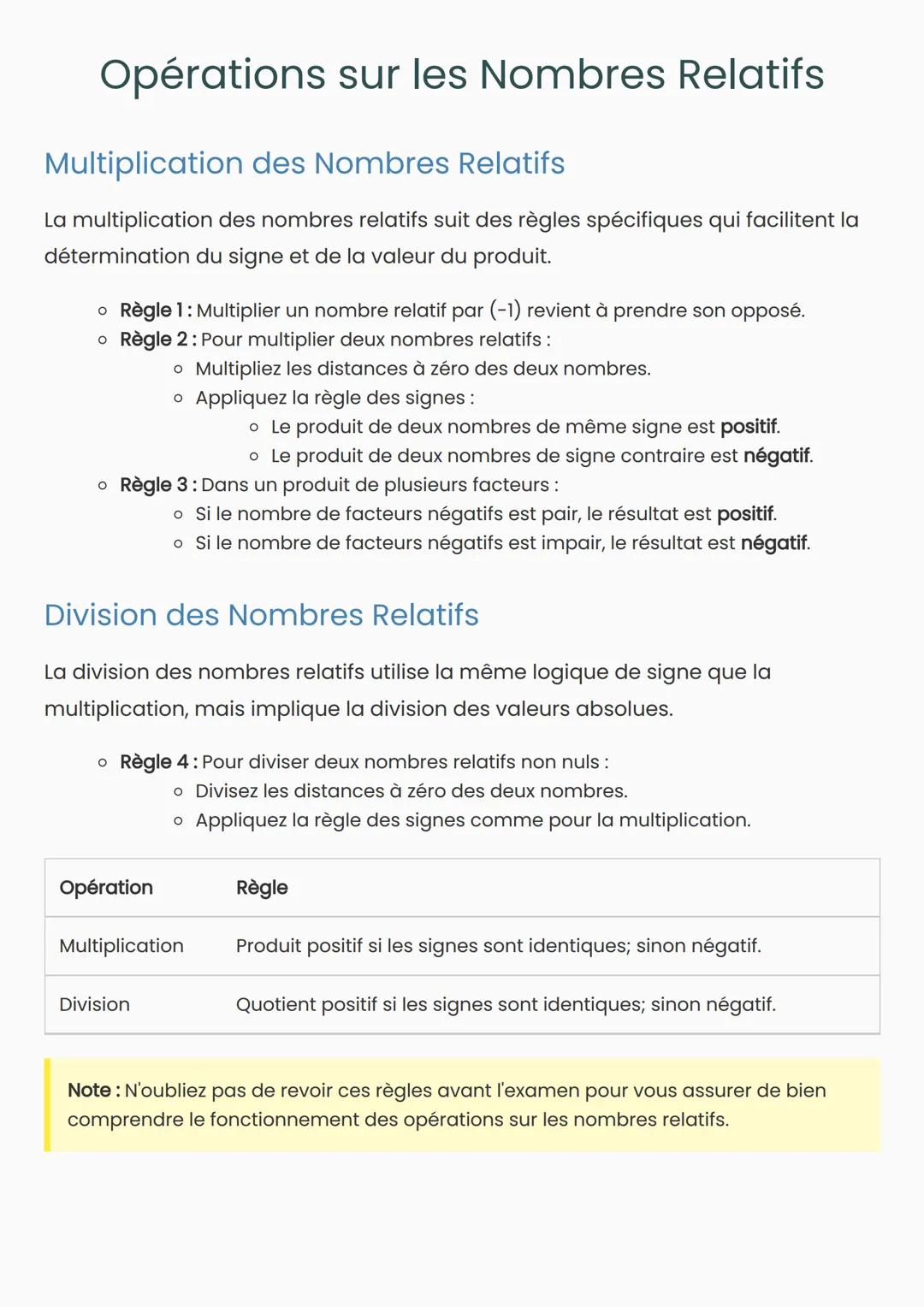 Opérations sur les Nombres Relatifs
Multiplication des Nombres Relatifs
La multiplication des nombres relatifs suit des règles spécifiques q