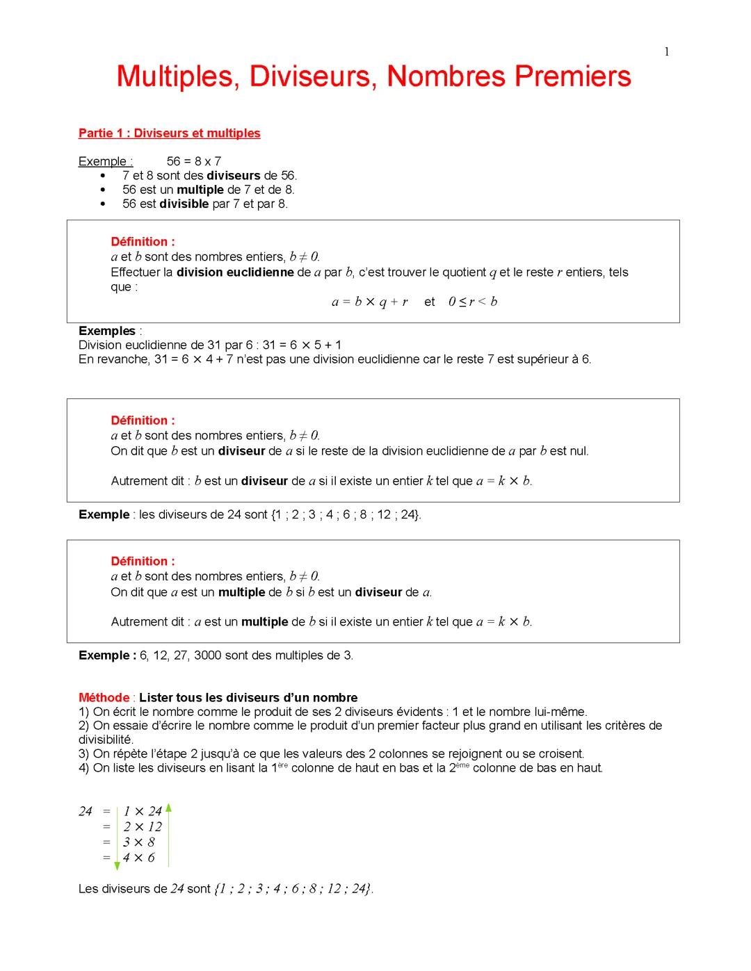 Multiples diviseurs nombres premiers