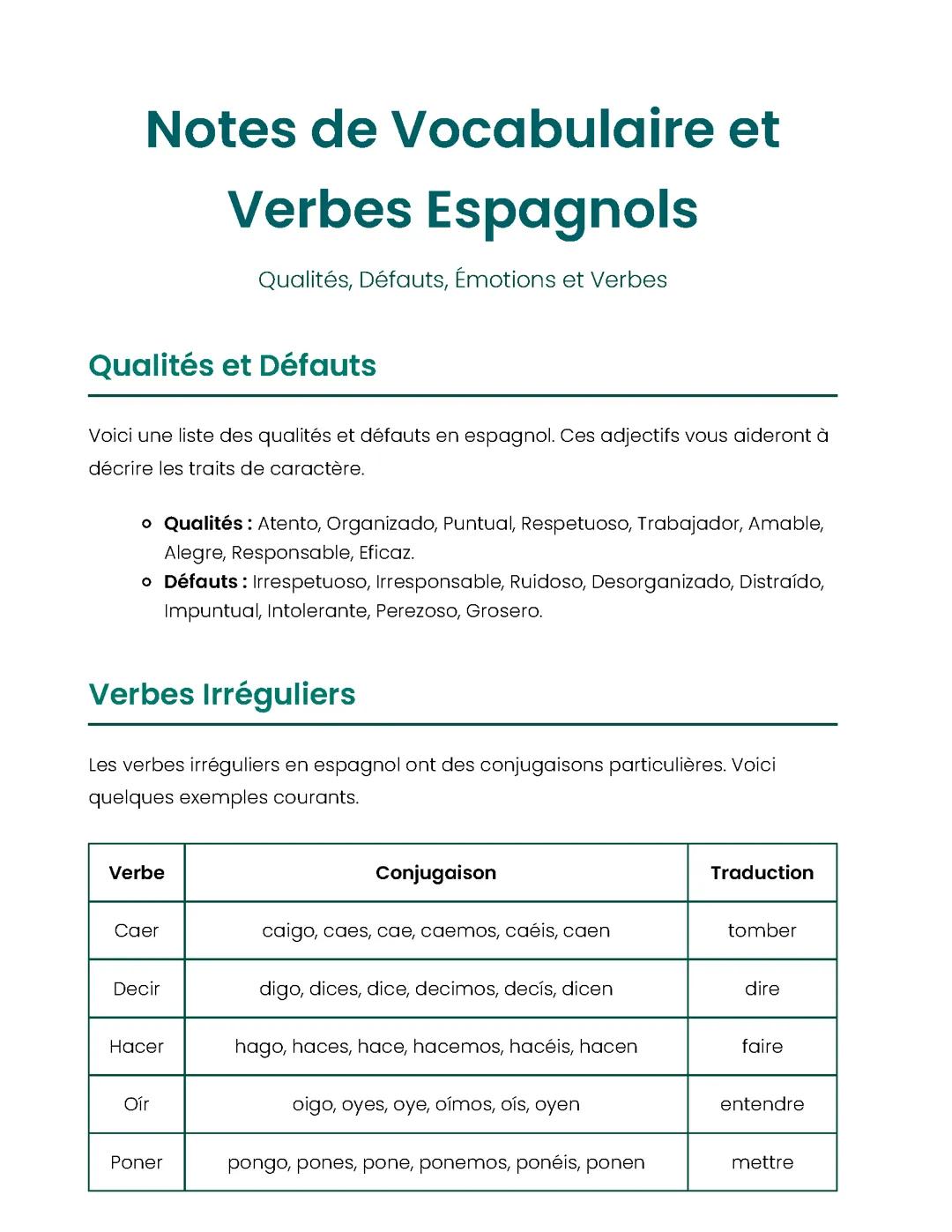Notes de Vocabulaire et Verbes Espagnols
