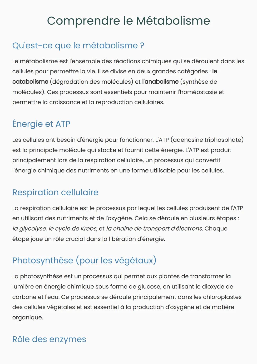 Comprendre le Métabolisme
Qu'est-ce que le métabolisme?
Le métabolisme est l'ensemble des réactions chimiques qui se déroulent dans les
cell