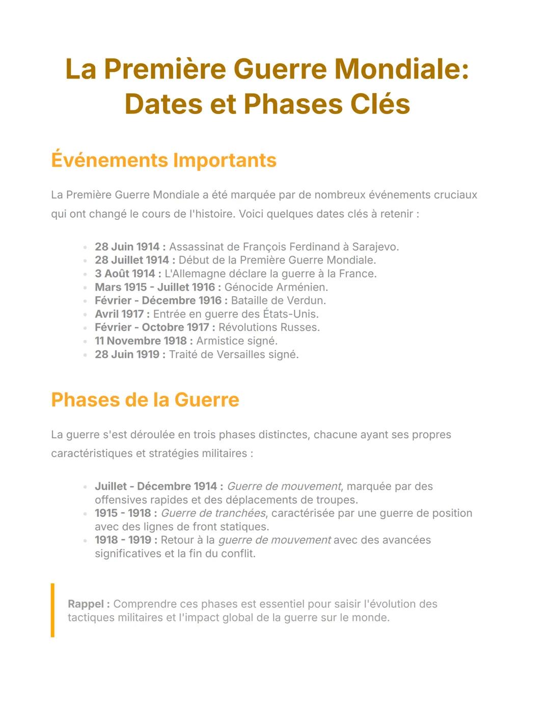 La Première Guerre Mondiale:
Dates et Phases Clés
Événements Importants
La Première Guerre Mondiale a été marquée par de nombreux événements