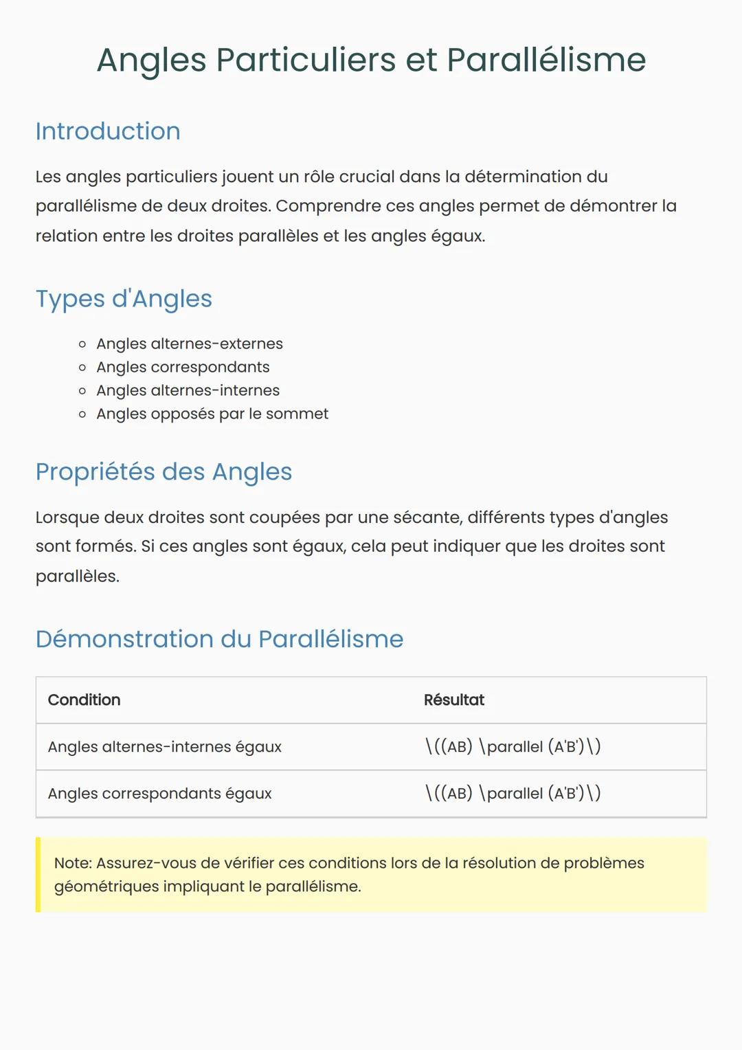 # Angles Particuliers et Parallélisme
Introduction
Les angles particuliers jouent un rôle crucial dans la détermination du
parallélisme de