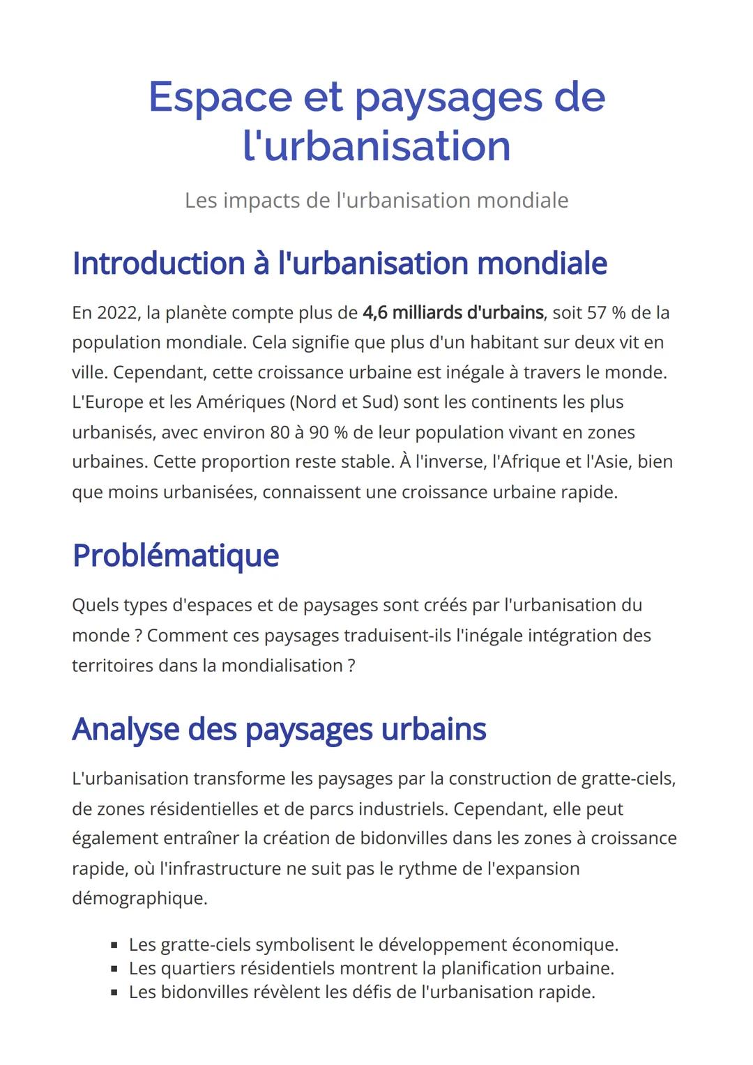 Espace et paysages de
l'urbanisation
Les impacts de l'urbanisation mondiale
Introduction à l'urbanisation mondiale
En 2022, la planète compt