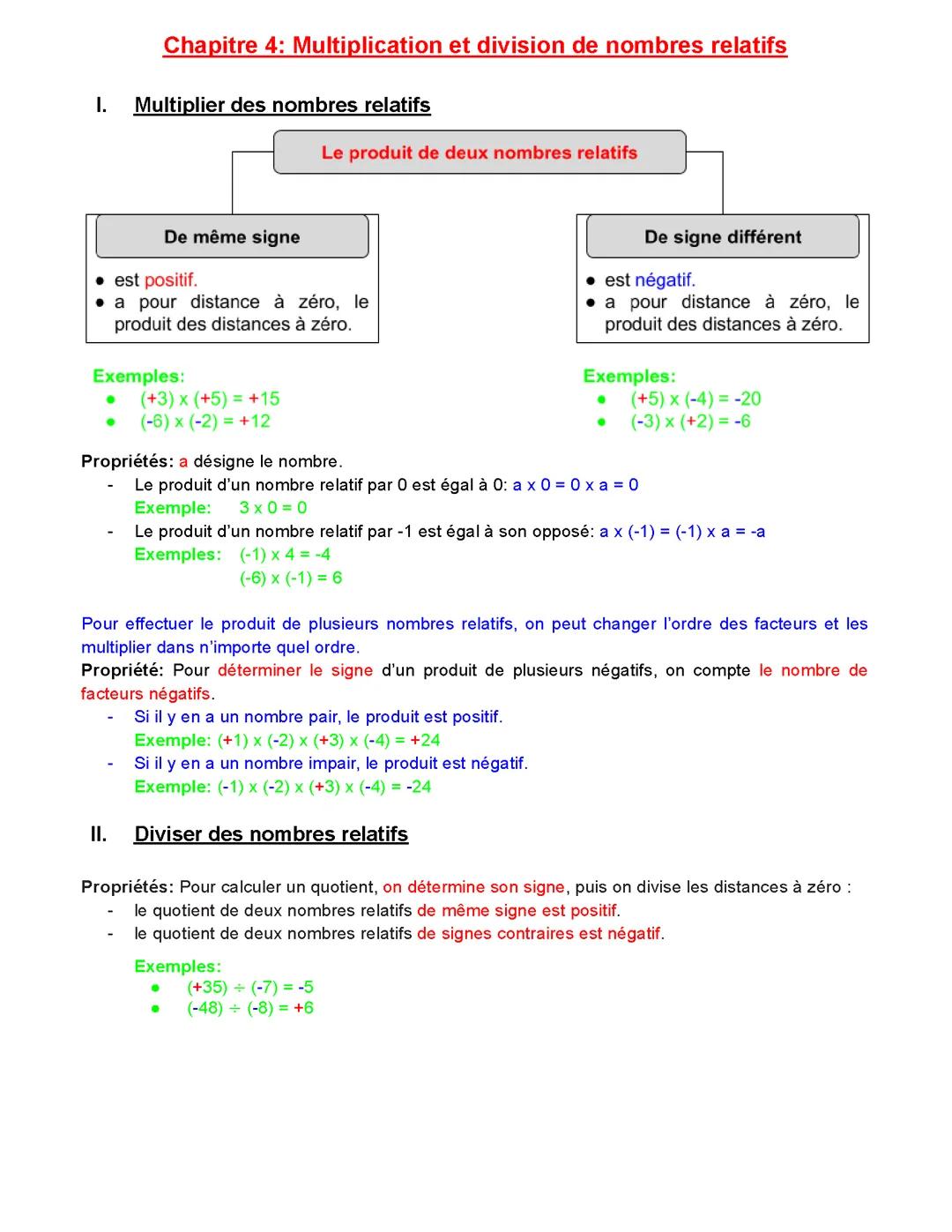 Multiplication et division de nombres relatifs 4ème
