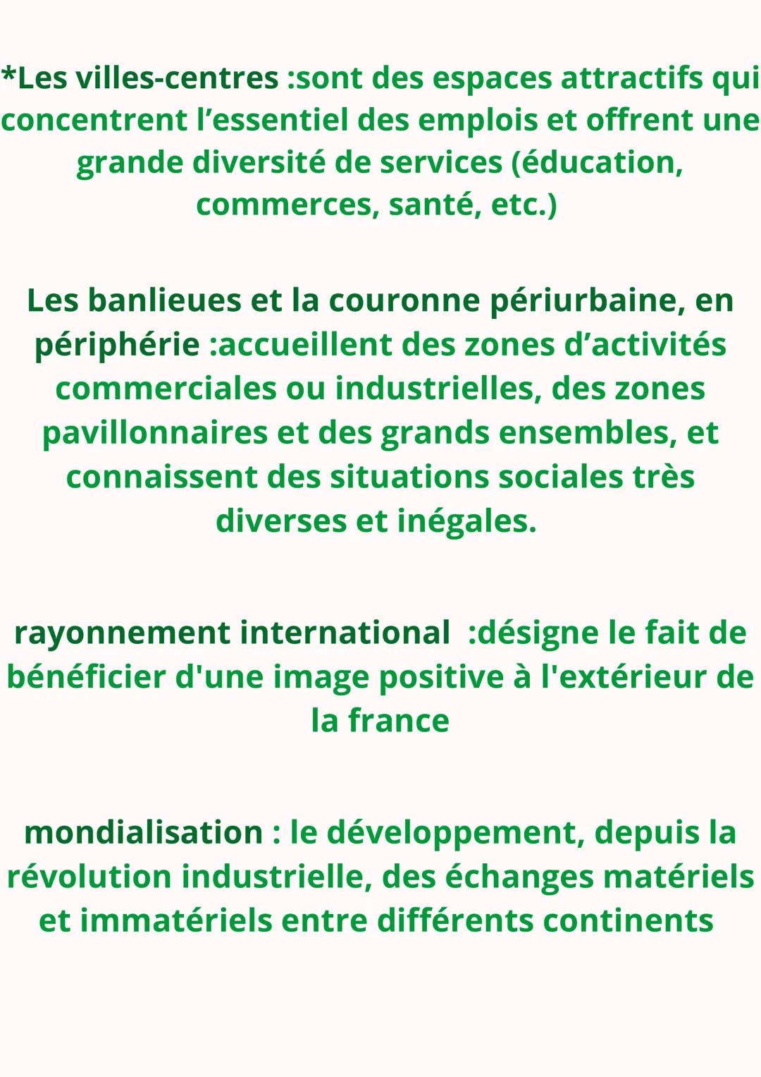 DYNAMIQUES TERRITORIALES
DE LA FRANCE
CONTEMPORAINE
Définition
aire urbaine: espace continu qui se
compose d'une ville-centre, de ses banlie