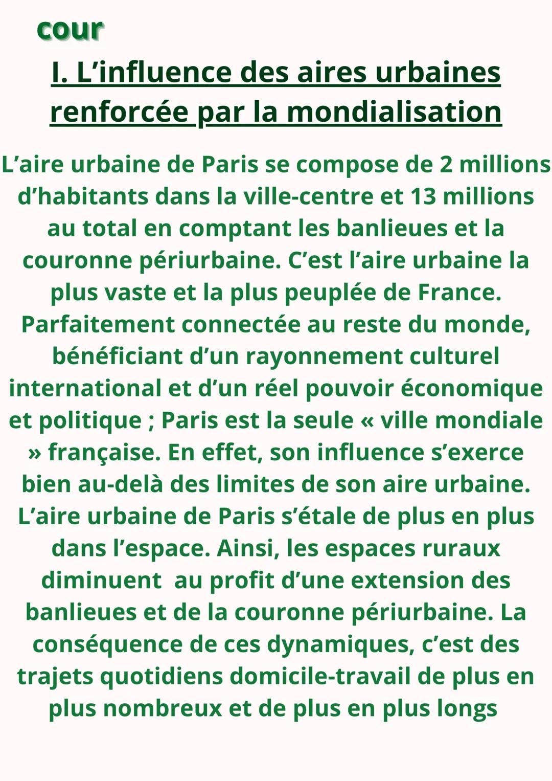 DYNAMIQUES TERRITORIALES
DE LA FRANCE
CONTEMPORAINE
Définition
aire urbaine: espace continu qui se
compose d'une ville-centre, de ses banlie