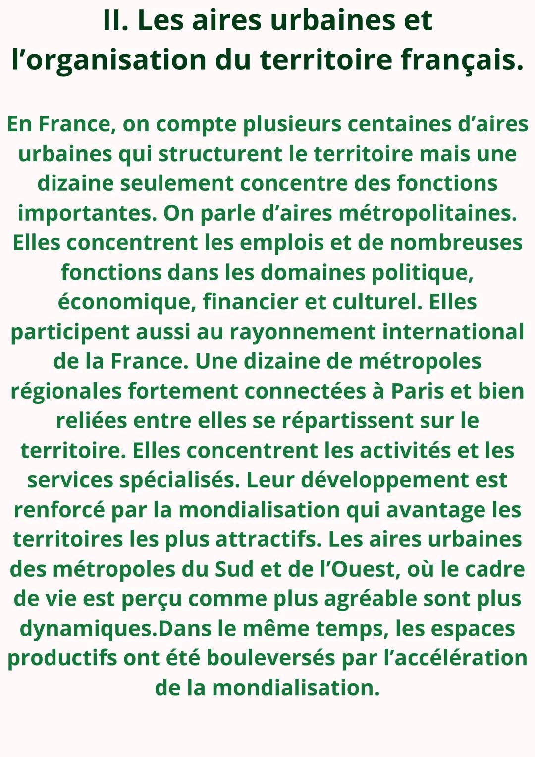DYNAMIQUES TERRITORIALES
DE LA FRANCE
CONTEMPORAINE
Définition
aire urbaine: espace continu qui se
compose d'une ville-centre, de ses banlie