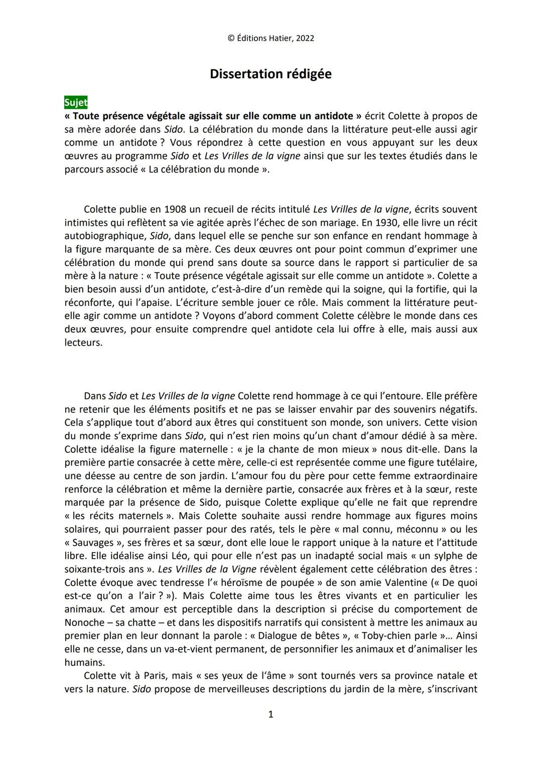 Éditions Hatier, 2022
Dissertation rédigée
Sujet
<< Toute présence végétale agissait sur elle comme un antidote >> écrit Colette à propos de