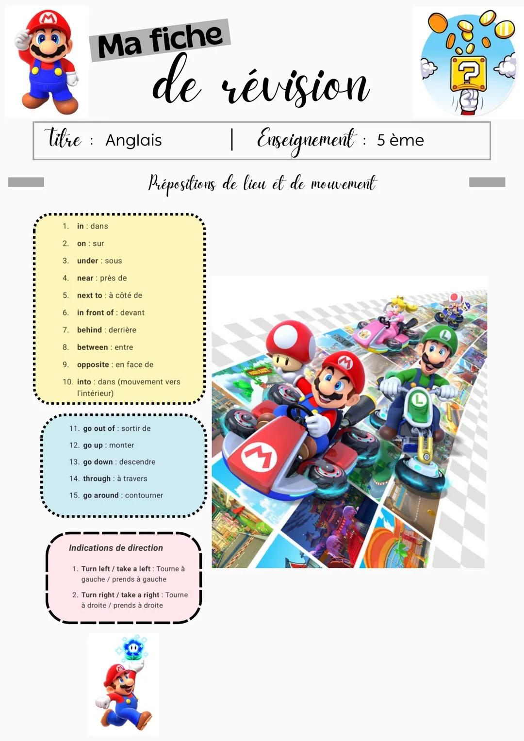 Ma fiche
de révision
titre Anglais
:
:
| Enseignement: 5 ème
Prépositions de lieu et de mouvement
1. in dans
2.
on sur
3.
under: sous
4.
nea