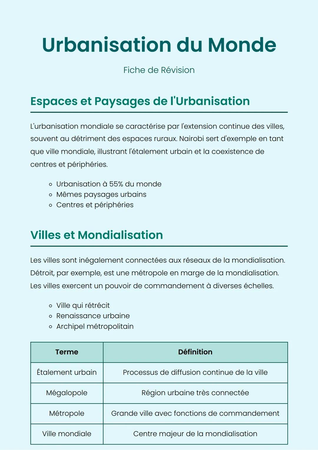 Urbanisation du Monde
Fiche de Révision
Espaces et Paysages de l'Urbanisation
L'urbanisation mondiale se caractérise par l'extension continu