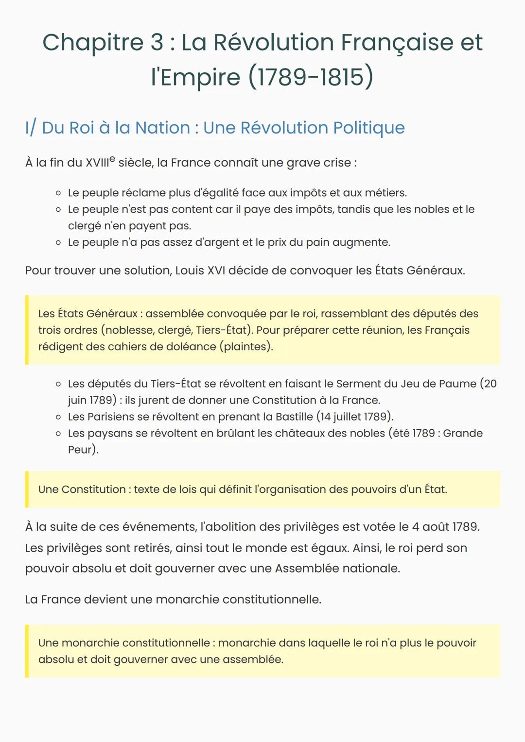 Chapitre 3: La Révolution Française et
l'Empire (1789-1815)
1/ Du Roi à la Nation : Une Révolution Politique
À la fin du XVIIIe siècle, la F