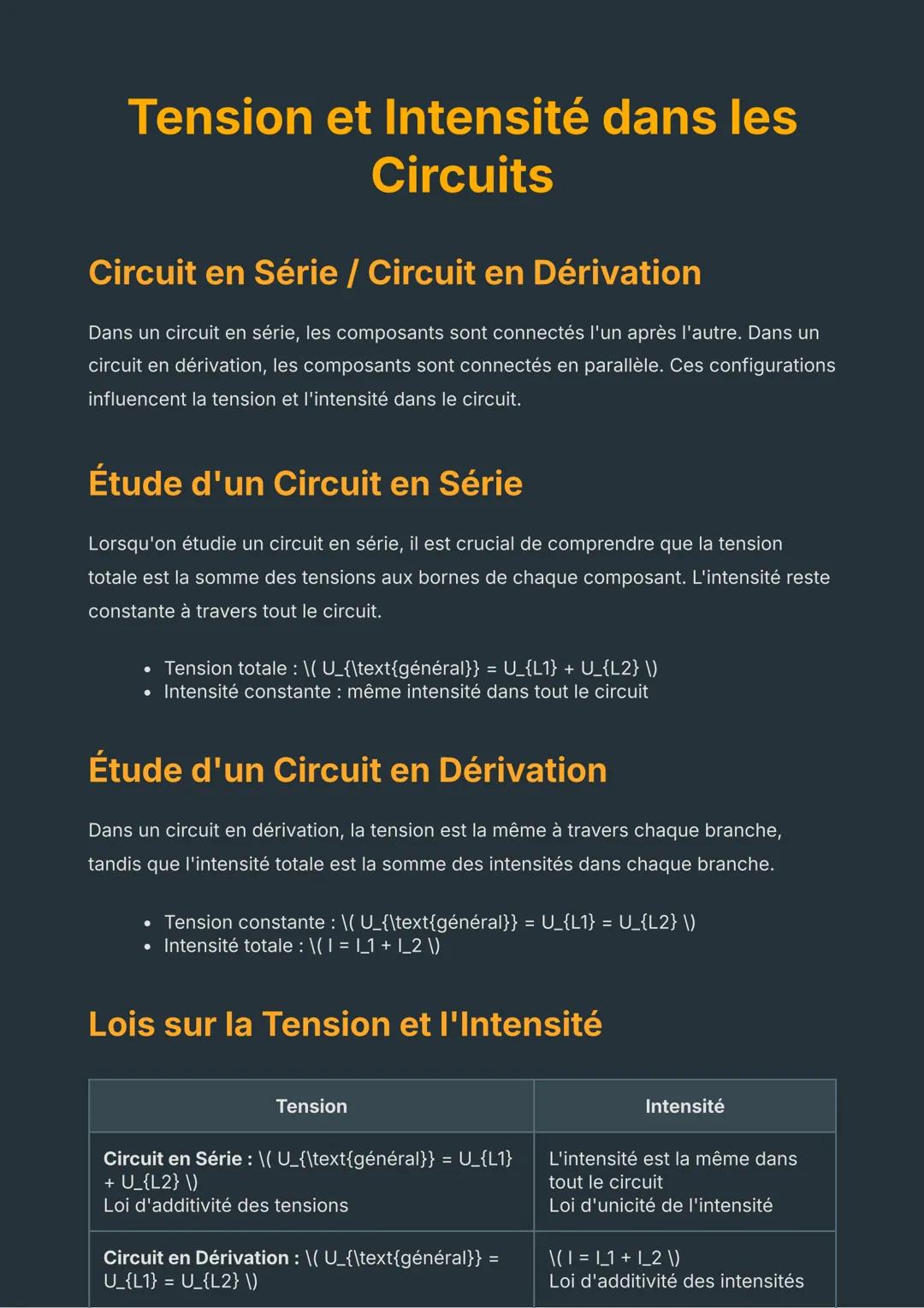 # Tension et Intensité dans les
Circuits
Circuit en Série / Circuit en Dérivation
Dans un circuit en série, les composants sont connectés